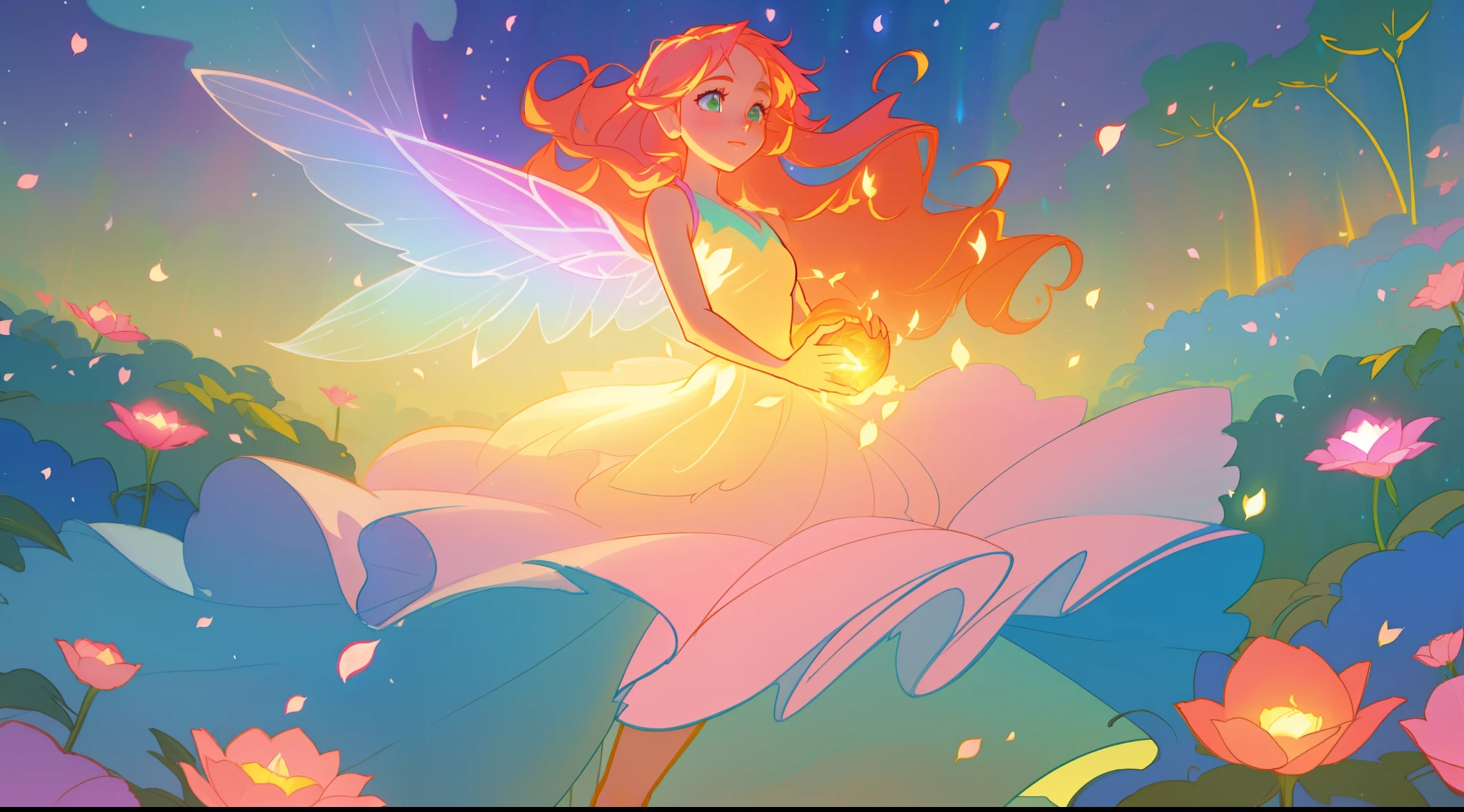 beautiful fairy girl in tiered layered dress, fairy dress made of flower petals, gradient layered tutu skirt, magical flowers, fairy queen, magical forest background, (glowing fairy wings), long wavy hair, sparkling fairy wings, watercolor illustration, flowers and colorful plants, inspired by Glen Keane, inspired by Lois van Baarle, disney art style, by Lois van Baarle, glowing aura around her, by Glen Keane, jen bartel, glowing lights! digital painting, flowing glowing hair, glowing flowing hair, beautiful digital illustration, fantasia otherworldly landscape plants flowers, beautiful, masterpiece, best quality, anime disney style