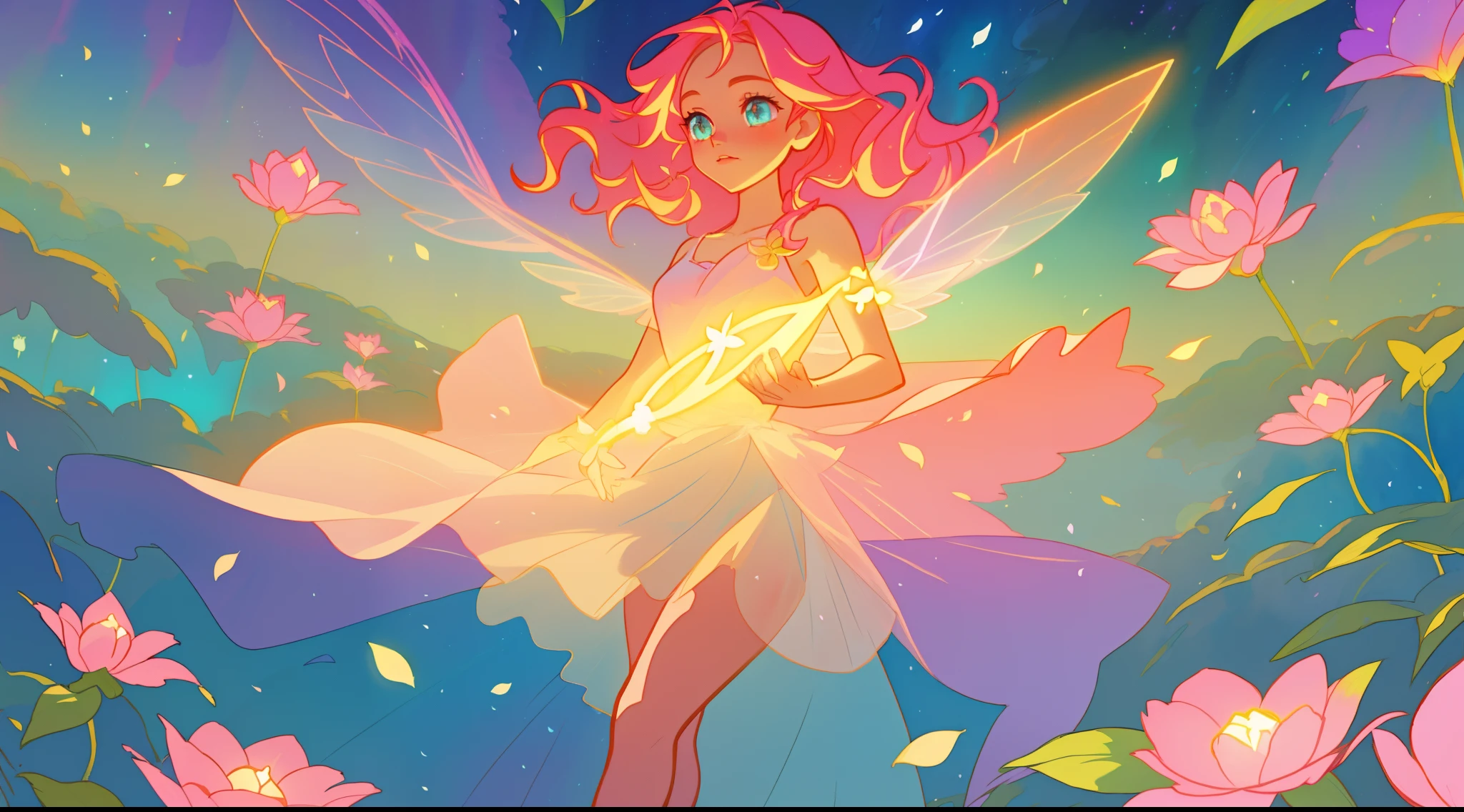 beautiful fairy girl in tiered layered dress, fairy dress made of flower petals, gradient layered tutu skirt, magical flowers, fairy queen, magical forest background, (glowing fairy wings), long wavy hair, sparkling fairy wings, watercolor illustration, flowers and colorful plants, inspired by Glen Keane, inspired by Lois van Baarle, disney art style, by Lois van Baarle, glowing aura around her, by Glen Keane, jen bartel, glowing lights! digital painting, flowing glowing hair, glowing flowing hair, beautiful digital illustration, fantasia otherworldly landscape plants flowers, beautiful, masterpiece, best quality, anime disney style