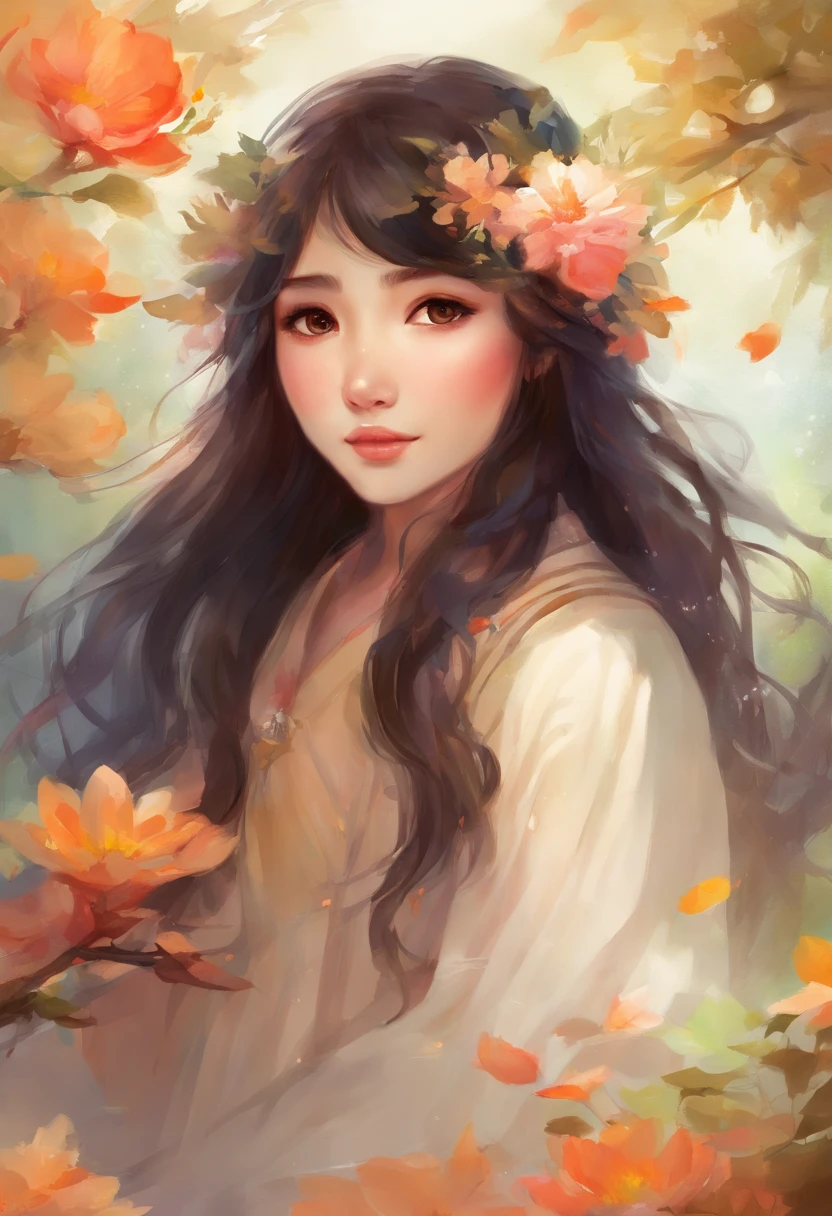 Watercolor style、teens girl、A dark-haired、plain、Nestled under an apple tree、Flower tan、simplicity、plain、Raise bangs、up hair