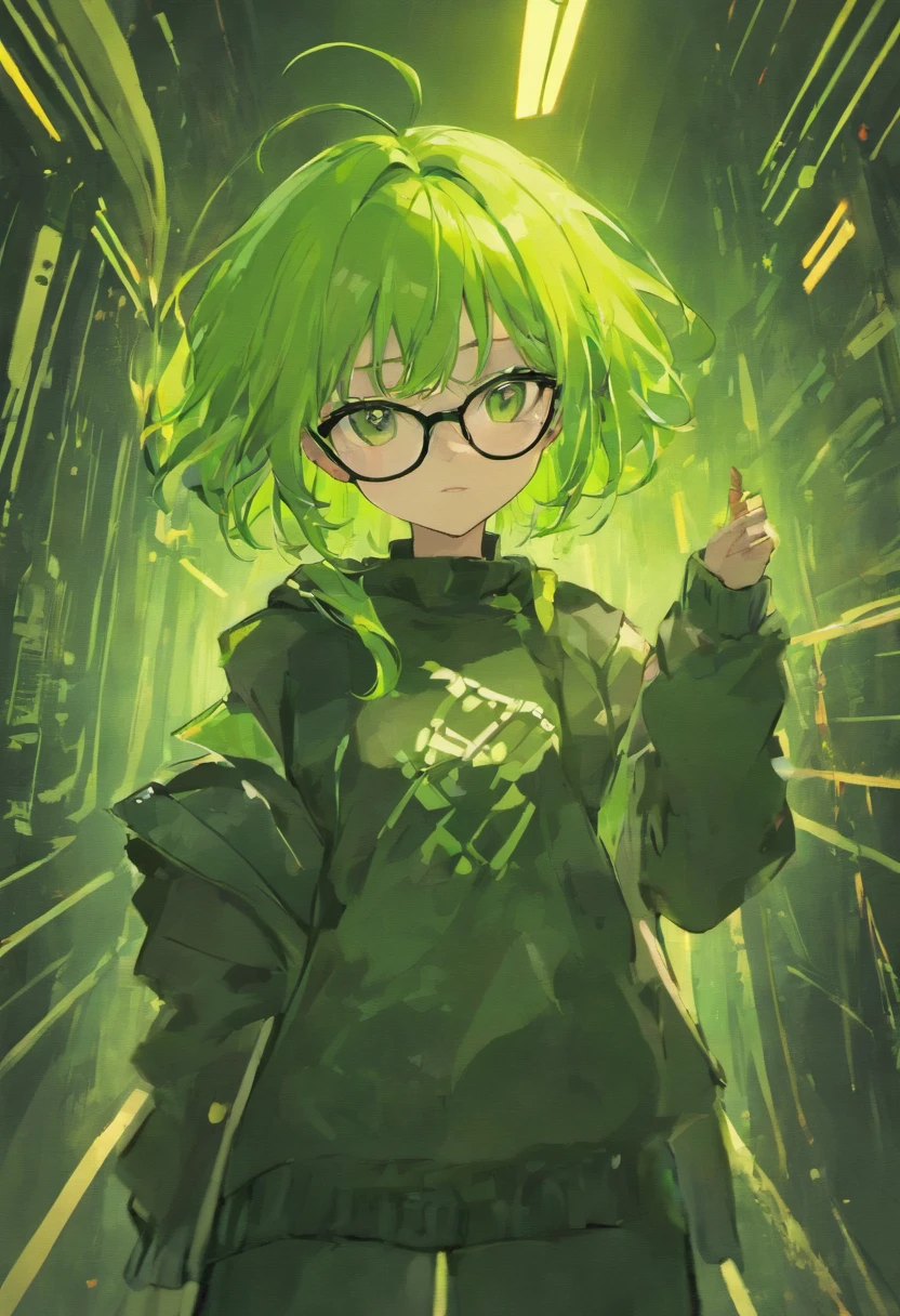 ThemesGirls in glasses,No background,Yellow-green hair,full bodyesbian,Smart figure,The rim of the glasses is red,Cyberpunk attire