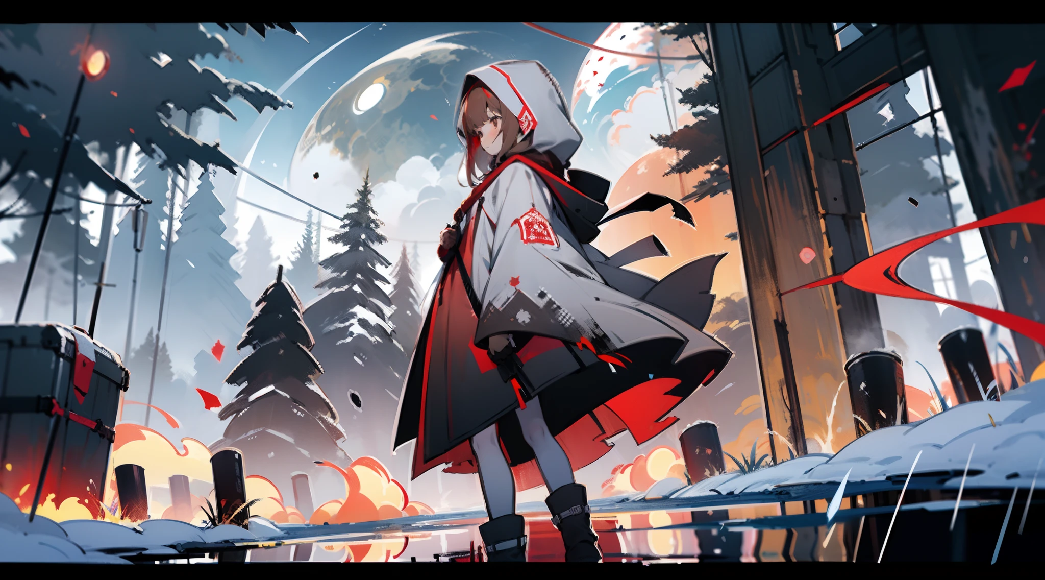 1girll, 独奏, yuki, long whitr hair, Hood, firey,exteriors, brown hair,Simple red clothing, boots, nevando, From the side Side, The tree, suitcases, cloaks, bblurry, hooding,There are planets in the sky , mitts, naturey, with brown eye, red gloves, squatt, Keep one's mouth shut, hooded cloaks, Winters, depth of fields, blackfootwear, There are rings of Saturn in the background sky,4k,outstanding,HighestQuali