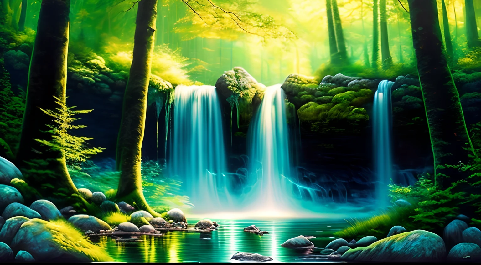 painting of a waterfall in a green forest with a sunbeam, waterfalls, amazing depth, breathtaking masterpiece of art, peaceful beautiful waterfall, multiple waterfalls, an endless waterfall, (waterfall), waterfall(beautiful, waterfall backdrop, waterfall, beautiful art uhd 4 k, streams of flowing light, soft airbrushed artwork, immense waterfall, cascading iridescent waterfalls