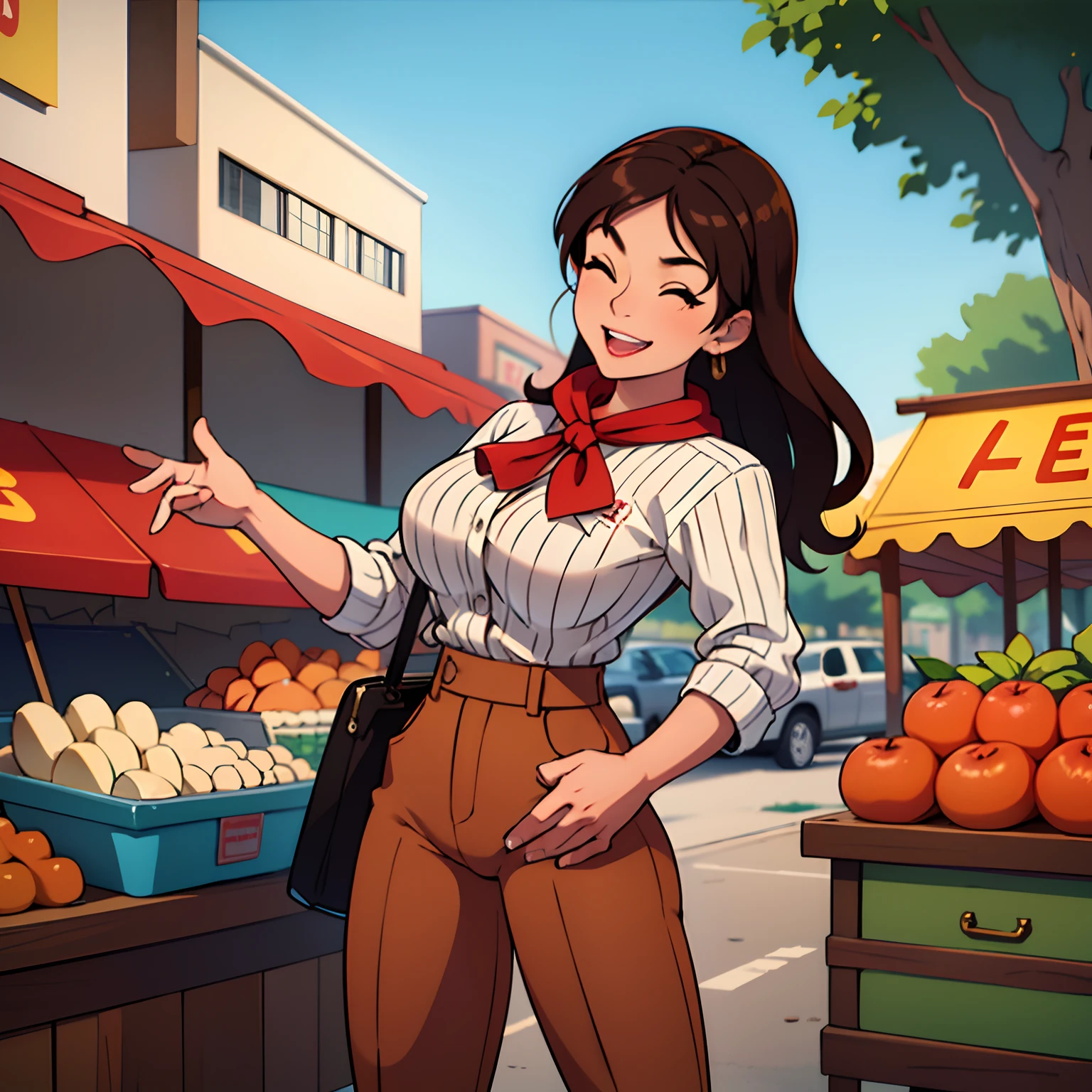 Denise milani, solo, tan skin, brown hair, long hair, 20s style adventurer outfit, torso up, looking at viewer, white pinstripe button shirt, red neckerchief, happy, eyes closed, laughing, brown pants, gun strapped to hip, , mouth open, standing in front of Brazilian market, vendors,