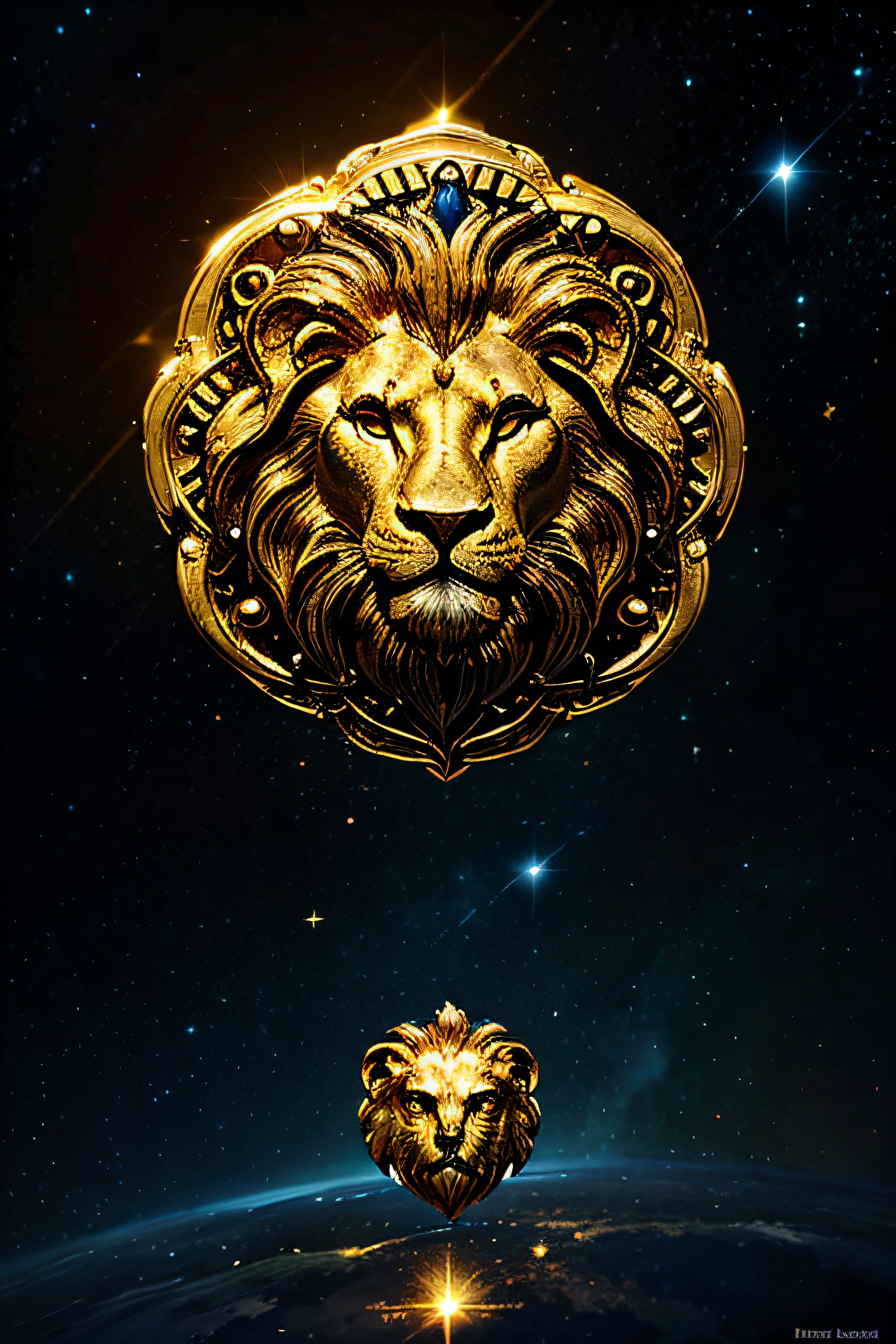 zodiac sign leo ( lion head ) made out of pure gold , carved effect in the middle of dark blue and black galaxy surrounded nebula and glowing planets