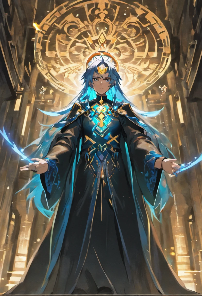 (master part, illustration, anime:1.3), anime, olhos vermelhos, longos verdes No escuro, (classic black costume:1.2), Standing inside a temple at night, (messy white hair:1.1), (olhos vermelhos emitindo luz vermelha:1.2), (calm expression:1.1), (olhos descobertos:1.1), (powerful presence:1.2), (mystic atmosphere:1.2), (luar sutil:1.1), (arquitetura intrincada do templo:1.2), (Ominous shadows:1.1), (flowing robes:1.1), (dobras e vincos detalhados:1.1), (Aura azul intensa:1.2), (symbols of power that surround you:1.1), (Radiating Magical Energy:1.2), (gestos de spellcasting:1.1), (artefatos misteriosos:1.1), (ethereal particles:1.1), (dynamic pose:1.2), (Epic Soundtrack:1.2), (Sense of wonder:1.1), (magical feat:1.1)