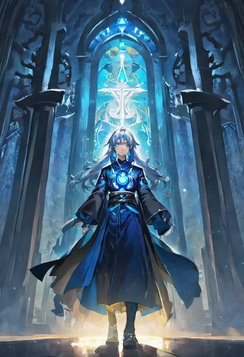 (master part, illustration, anime:1.3), anime, olhos vermelhos, longos verdes No escuro, (classic black costume:1.2), Standing inside a temple at night, (messy white hair:1.1), (olhos vermelhos emitindo luz vermelha:1.2), (calm expression:1.1), (olhos descobertos:1.1), (powerful presence:1.2), (mystic atmosphere:1.2), (luar sutil:1.1), (arquitetura intrincada do templo:1.2), (Ominous shadows:1.1), (flowing robes:1.1), (dobras e vincos detalhados:1.1), (Aura azul intensa:1.2), (symbols of power that surround you:1.1), (Radiating Magical Energy:1.2), (gestos de spellcasting:1.1), (artefatos misteriosos:1.1), (ethereal particles:1.1), (dynamic pose:1.2), (Epic Soundtrack:1.2), (Sense of wonder:1.1), (magical feat:1.1)