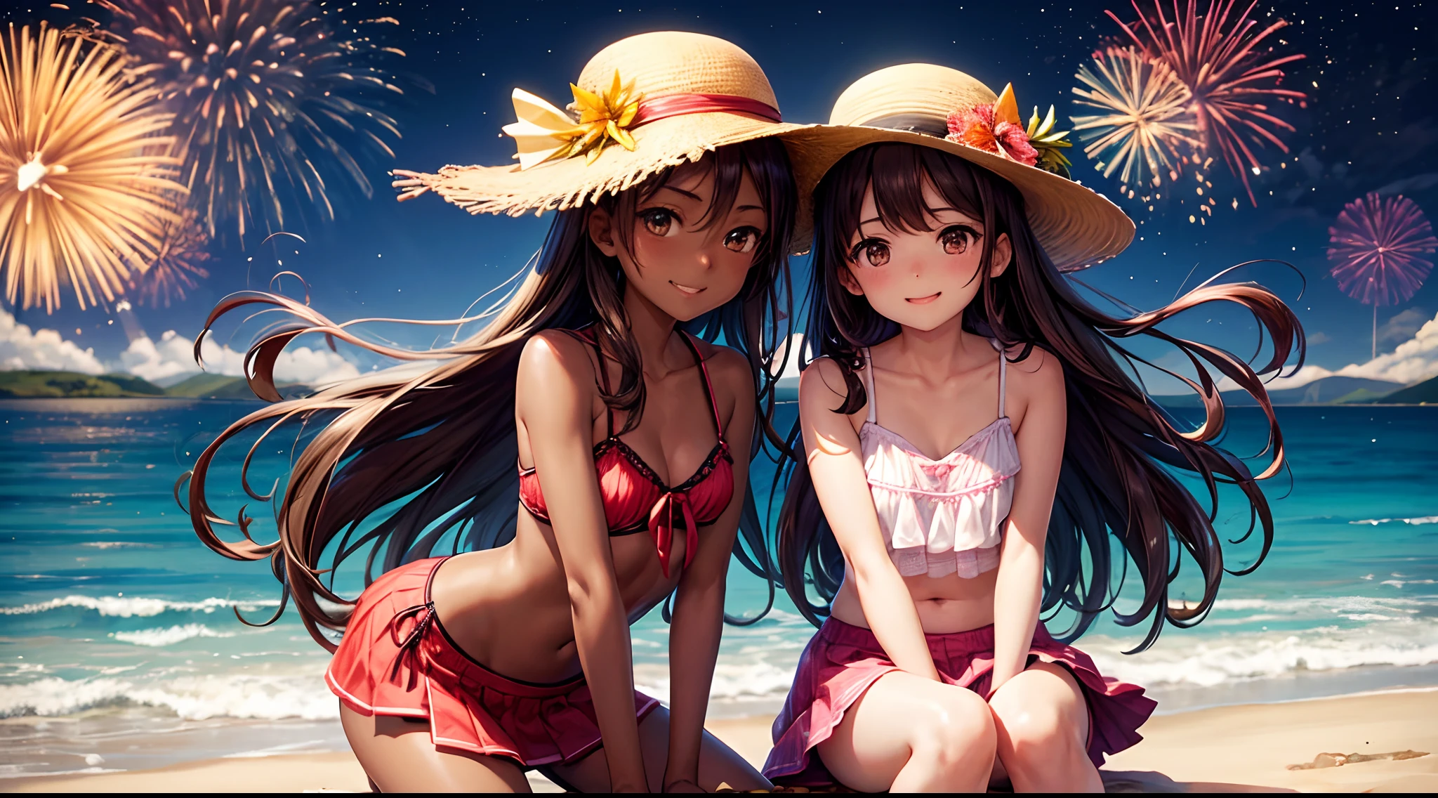 Best quality、Burnt brown skin、camisole、Summer clothing、Pull to the knee、Hold watermelon in both hands and eat it、Two girls、Very cute、A smile、The clothes are thin、Long、、Brown hair、schools、I want to blush、staring at this、wink、twinkling、Black hat、Kamimei、Navel is visible. Beach by the sea, the night, There is a fireworks celebration, The faces of the two girls are different, A dark skin, Up to 4K quality,