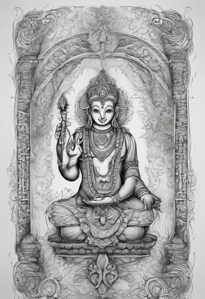Desenho no papel, tatuagem, margem de ganhos e flores, dentro da margem: buda ao lado de ganesha, poseidon, espelho no centro do desenho.