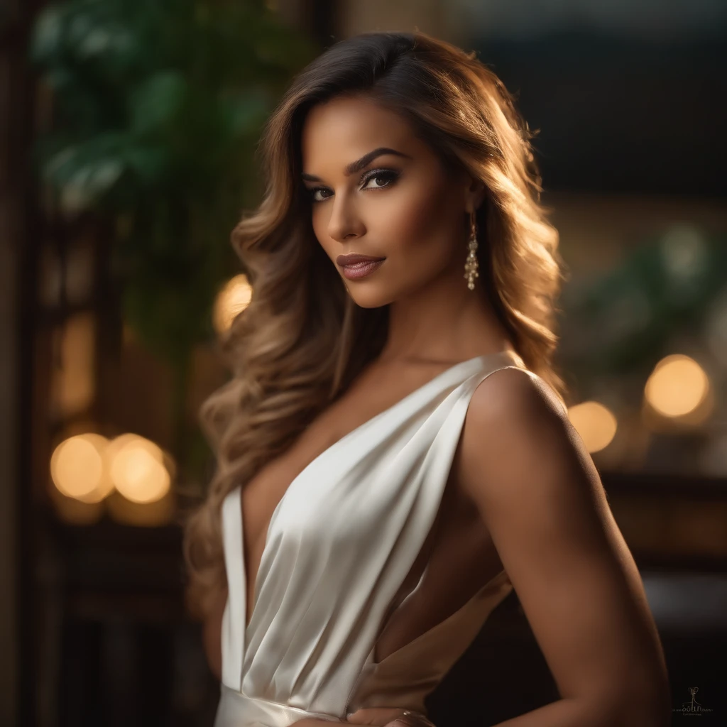 (melhor qualidade,Altas),mulher preta bonita com curvas lindas,Standing with elegant pose,arms crossed,cores vibrantes,soft lighting,retratorealista,estilo atual,textura luxuosa,ultra-detalhado,pintura de arte,tons terrosos,Bokeh,pele lisa,cabelos longos e cacheados,olhos expressivos,pouty lips,confident expression,olhar cativante,cheeckbones,tez bonita,creative lighting effects,fundo de centro,striking composition,subtle elegance