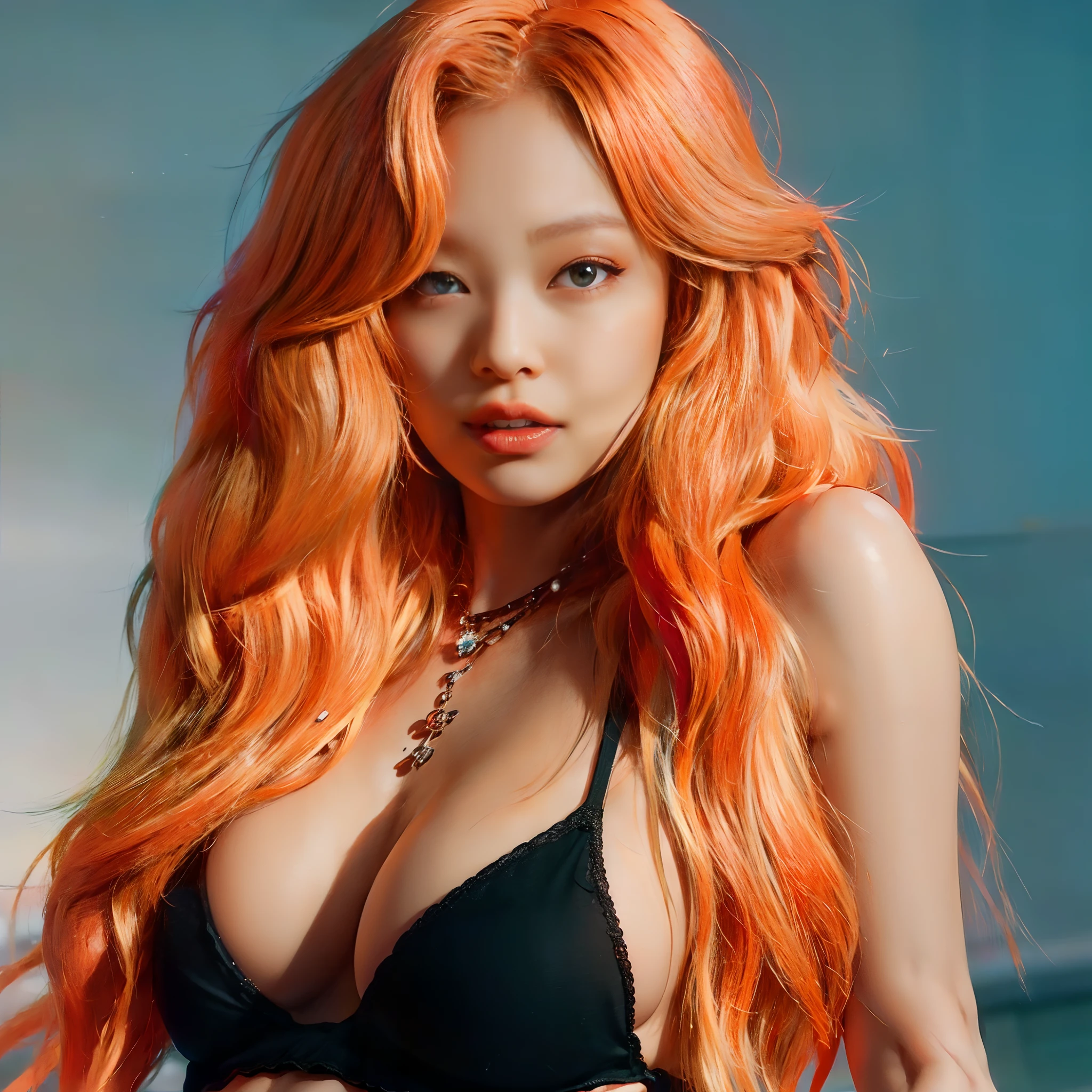 Un primer plano de una mujer con el pelo naranja que lleva un sujetador negro, piel naranja y cabello largo y ardiente, Cabello largo y ondulado de color naranja, cabello naranja, cabello naranja brillante, Ella tiene el pelo largo redorange, Pelo largo de color naranja, cabello naranja que fluye, cabello naranja brillante, Sun Yunjoo, naranja vibrante, cabello naranja muy largo, Taejune Kim, she has long orange brown hair