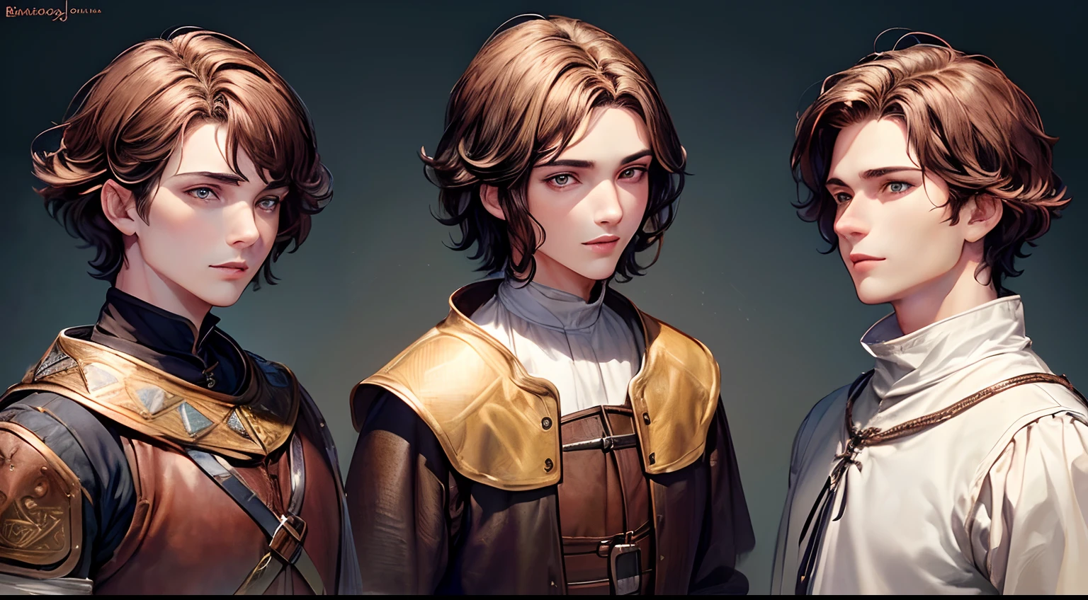 (best quality:1.3, UHD, 8k), (1 man at 24 years old :1.3), brown hair, (colored eyes :1.3), (beautiful detailed eyes:1.2), simple background, short hair, full body, (medieval clothes, medieval scenario :1.3), (sheet character, three view, front view, side view, back view, face close-up :1.3)