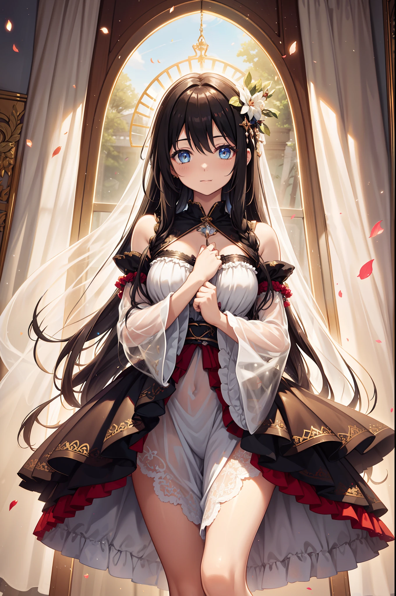 solo person,the night,inside in room,shyexpression,Little Saint,See-through Pajamas,see-through sleeves,Enchanted,Petal edges,adolable,Light colors,gentleness,Divine decoration,Sacred motifs,Lace,Ruffles,extremely detailed CG 8k wallpaper,best qualtiy,tmasterpiece,A high resolution,Delicate and beautiful face,Sapphire eyes,glittery,Shine,the night