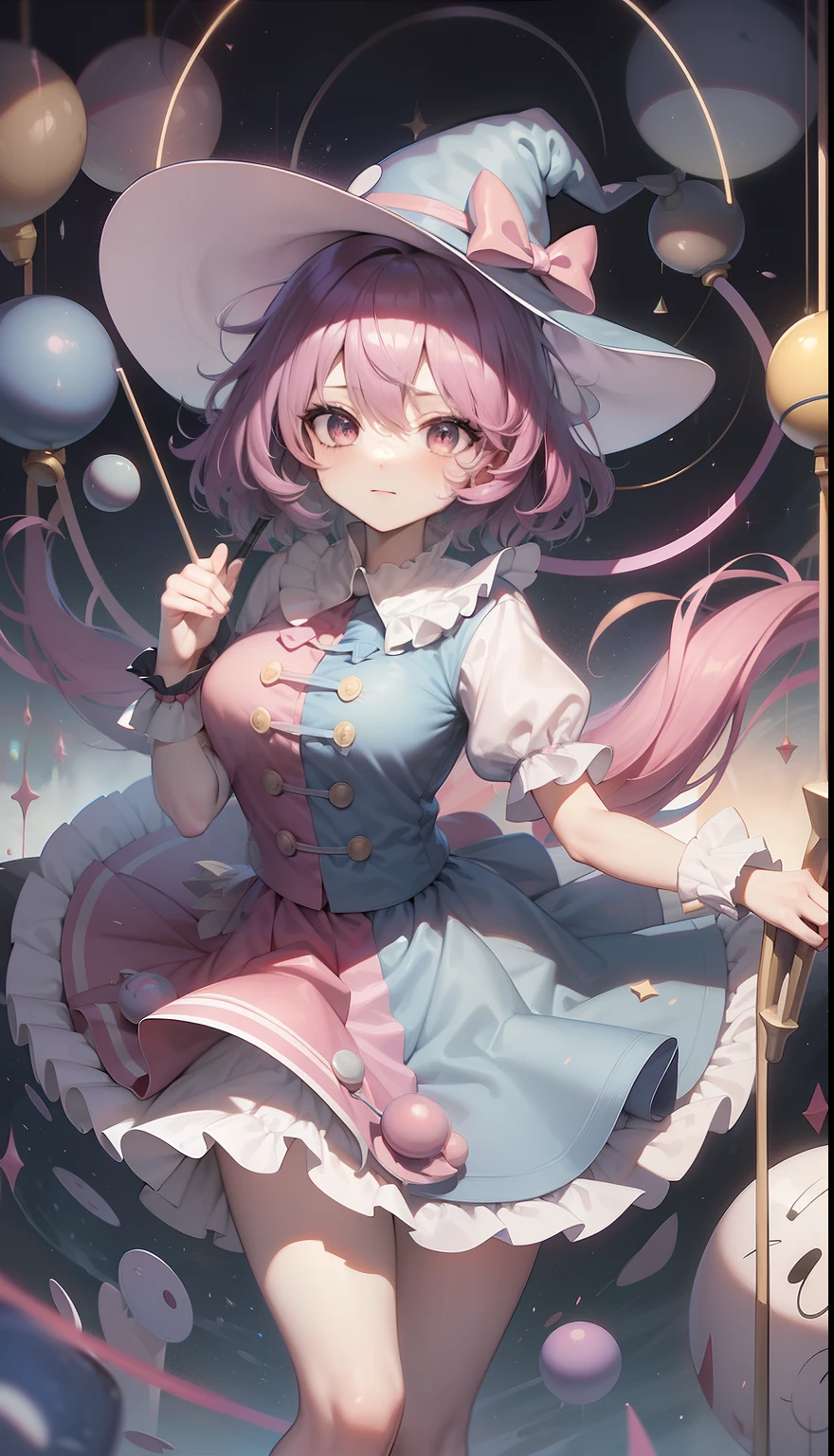 a cartoon girl with a clown hat and a wand and a candy, touhou character, from touhou, touhou, touhou project, cutecore clowncore, magical girl, black magician girl, [ conceptual art ]!!, magical girl anime mahou shojo, witch girl，Clothes with Flag of the United States pattern，Clownpiece, large breasts, hight resolution, top-quality, ultra-quality, The ultra-detailliert, lighting like a movie, 4k, white background