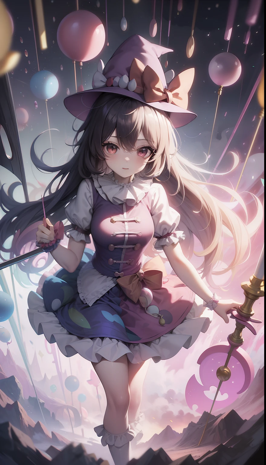 a cartoon girl with a clown hat and a wand and a candy, touhou character, from touhou, touhou, touhou project, cutecore clowncore, magical girl, black magician girl, [ conceptual art ]!!, magical girl anime mahou shojo, witch girl，Clothes with Flag of the United States pattern，Clownpiece, large breasts, hight resolution, top-quality, ultra-quality, The ultra-detailliert, lighting like a movie, 4k, white background