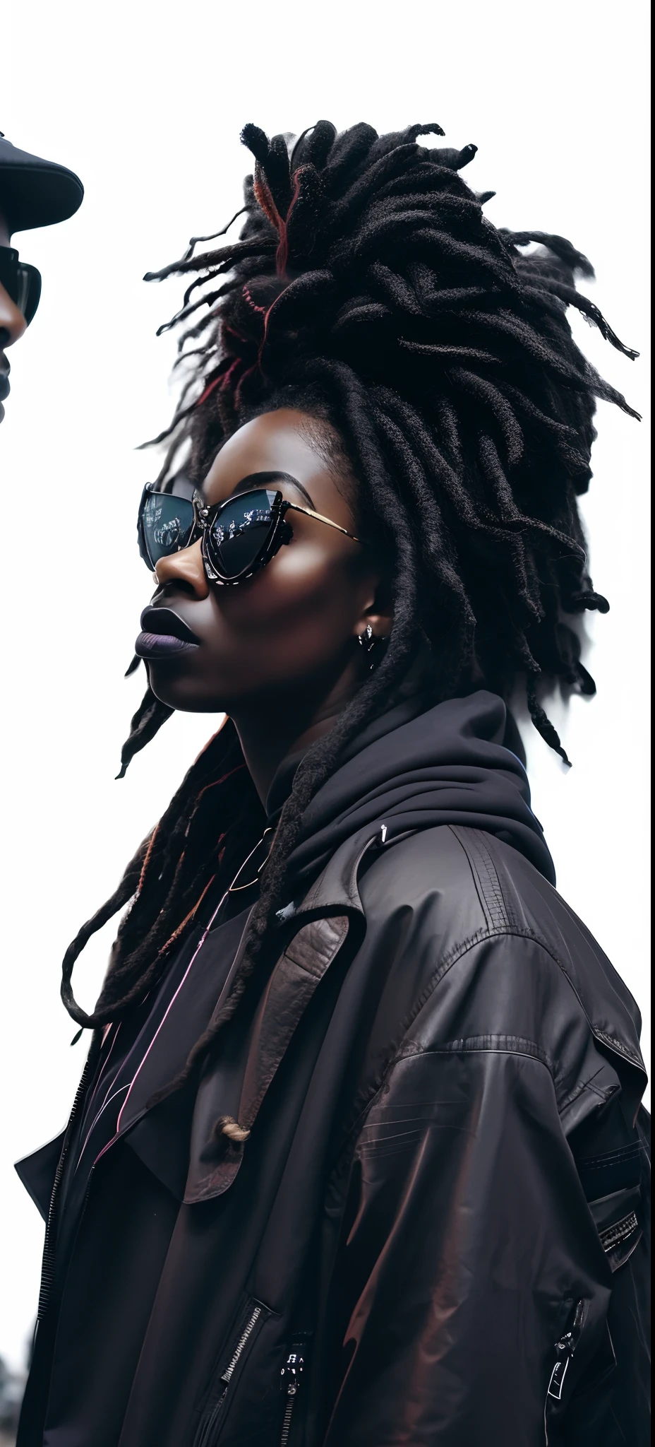 They're wearing sunglasses and dreadlocks and standing next to each other, estilo afrofuturismoo, foto de uma mulher negra, Fotografia de uma mulher techwear, afrofuturismo, retrato de alta qualidade, foto de retrato, Afrofuturista, A leoa preta lisa, cool looking, menina negra, jovem mulher negra, Dreadlock cabelo preto, 8k artistic portrait photography, mulher negra