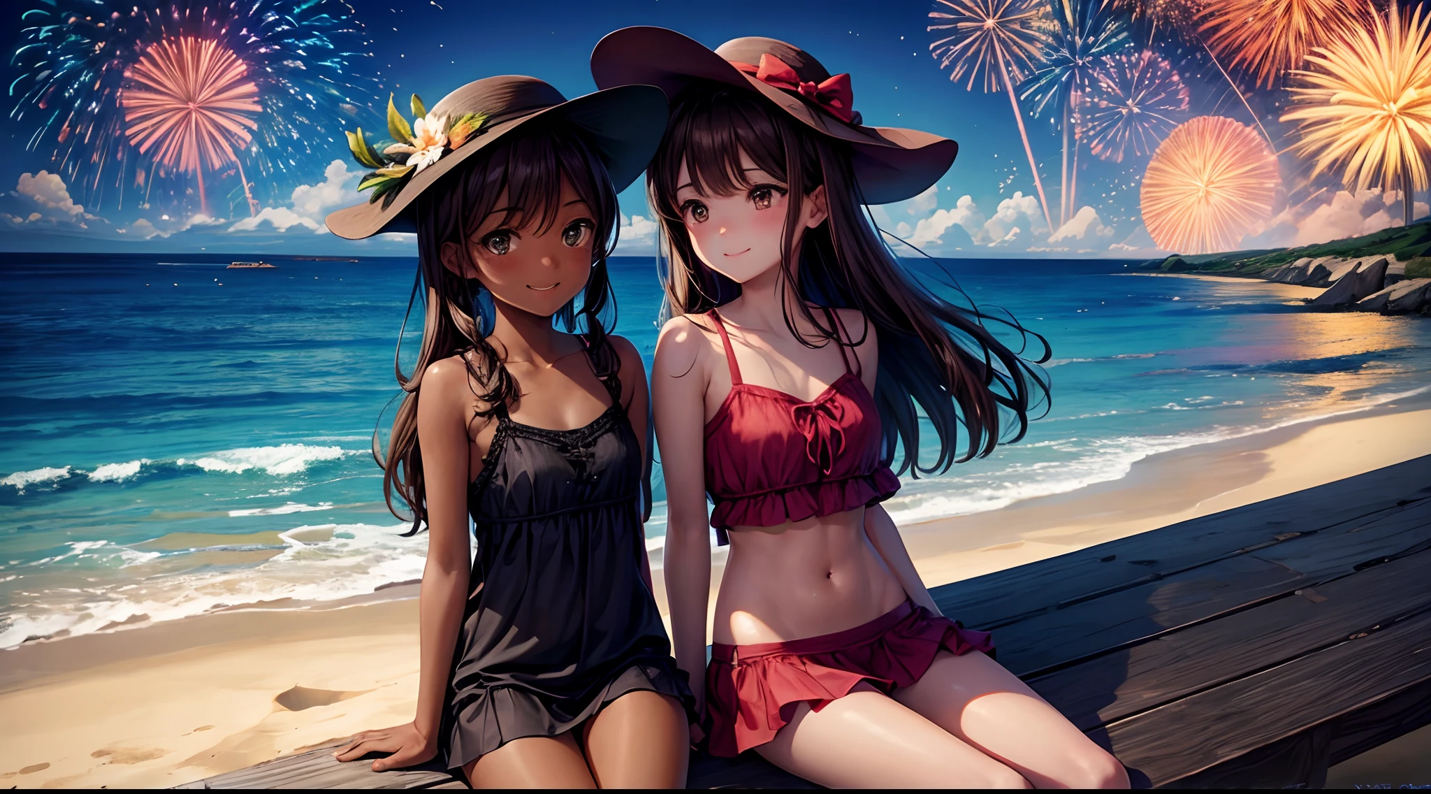 Best quality、Burnt brown skin、camisole、Summer clothing、Pull to the knee、Hold watermelon in both hands and eat it、Two girls、Very cute、A smile、The clothes are thin、Long、、Brown hair、schools、I want to blush、staring at this、wink、twinkling、Black hat、Kamimei、Navel is visible. Beach by the sea, the night, There is a fireworks celebration, The faces of the two girls are different, A dark skin, Up to 4K quality,