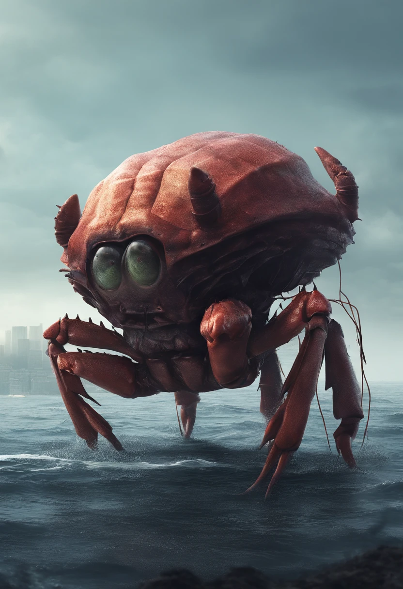 Ugly crab monsters  Body shape huge, standing in ocean, tosen, There is a small fishing boat around, A grand spectacle, Oppressive atmosphere, surrealism, Chiaroscuro, Cinematic lighting, Wide shot, Masterpiece, ccurate, Anatomically correct, Super detail, High details, Best quality
