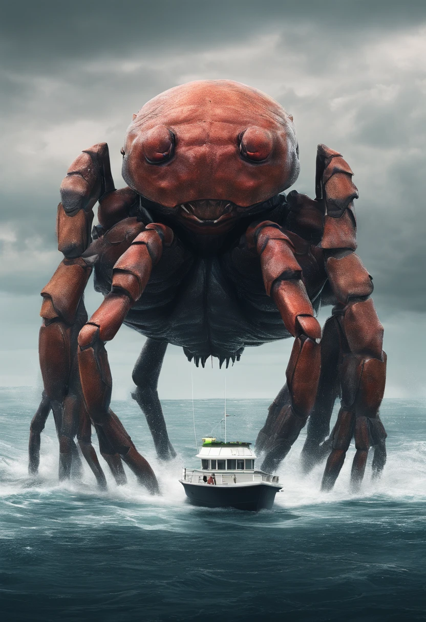 Ugly crab monsters Body shape huge, standing in ocean, tosen, There is a small fishing boat around, A grand spectacle, Oppressive atmosphere, surrealism, Chiaroscuro, Cinematic lighting, Wide shot, Masterpiece, ccurate, Anatomically correct, Super detail, High details, Best quality