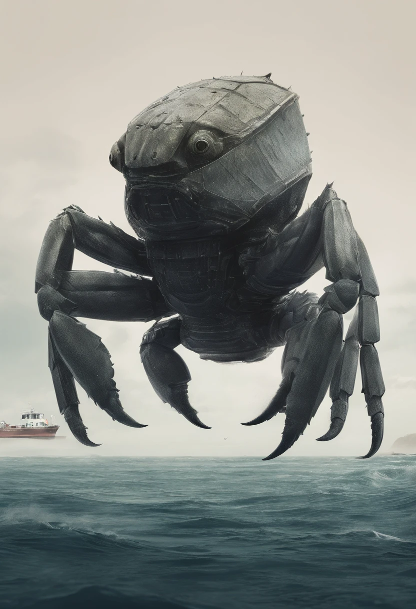 Ugly crab monsters Body shape huge, standing in ocean, tosen, There is a small fishing boat around, A grand spectacle, Oppressive atmosphere, surrealism, Chiaroscuro, Cinematic lighting, Wide shot, Masterpiece, ccurate, Anatomically correct, Super detail, High details, Best quality
