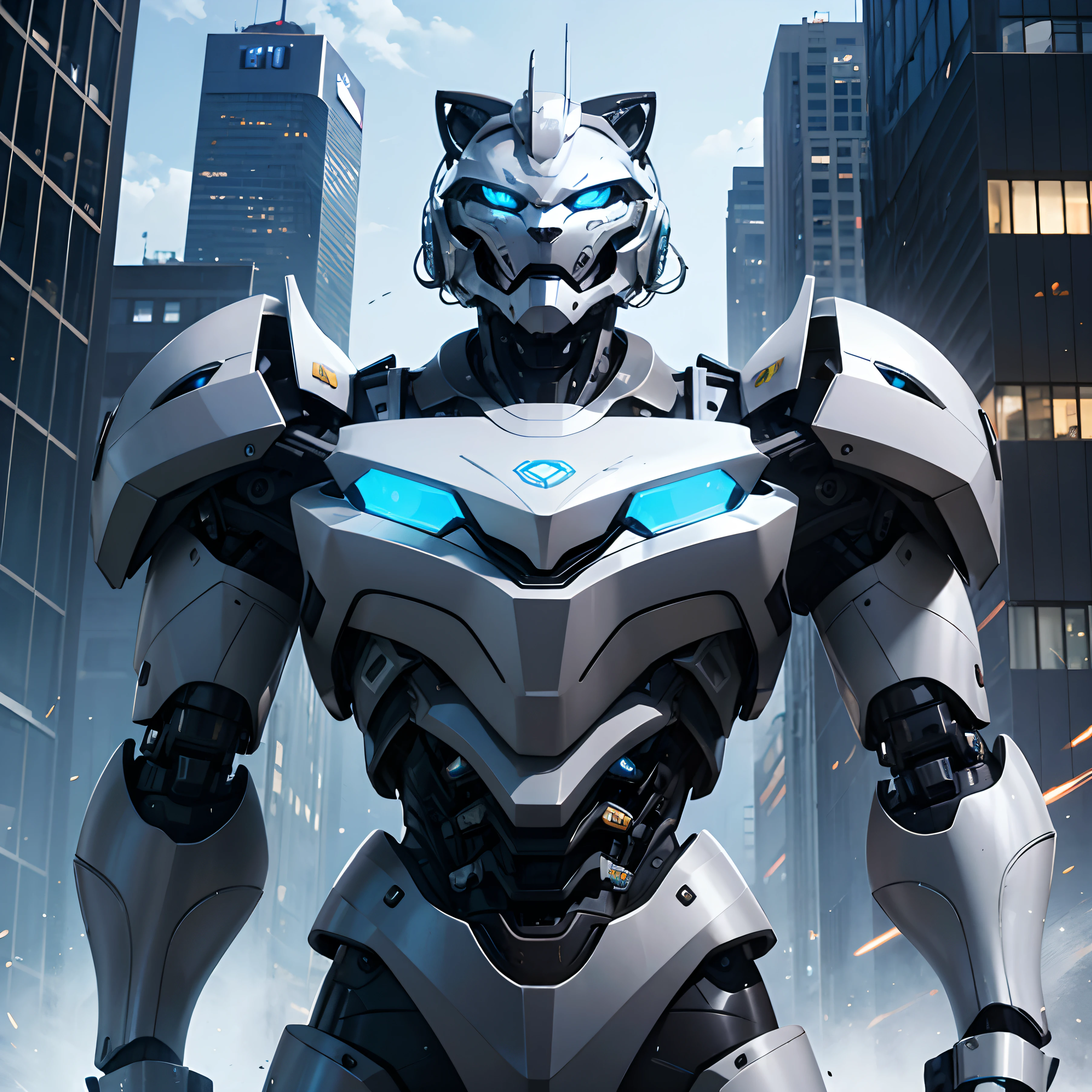 Silver lion mecha cyborg, lomo, city, looking at viewer, blue eyes, mecha lion