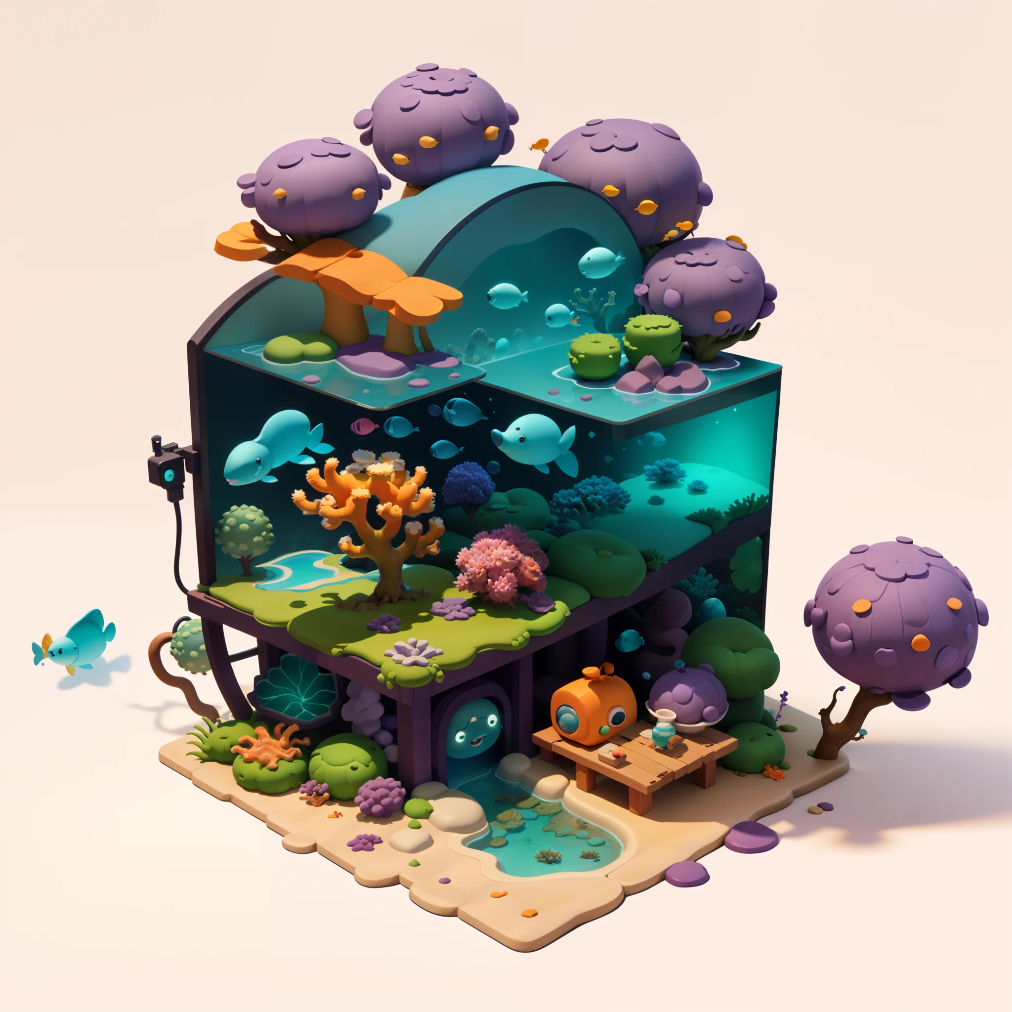 tmasterpiece,Best quality at best,Cartoony,pixar-style,Simple design,mini sence,Artis,Purple coral reef,White coral reef,Port of Orange,Green background