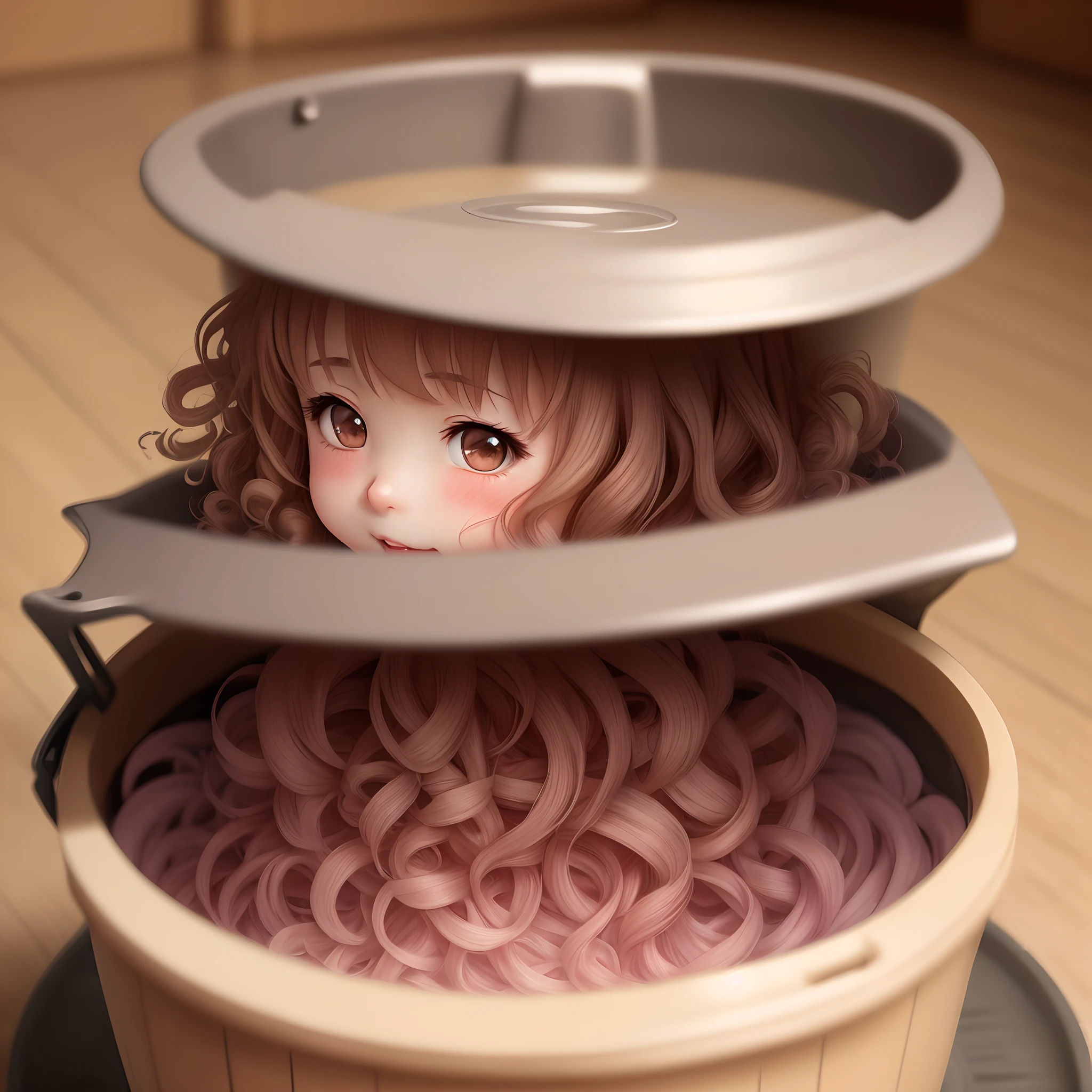 Anime Girl with curly hair is completely naked and squatting over a bucket while blushing deeply, she looks at you with a look of embarrassment