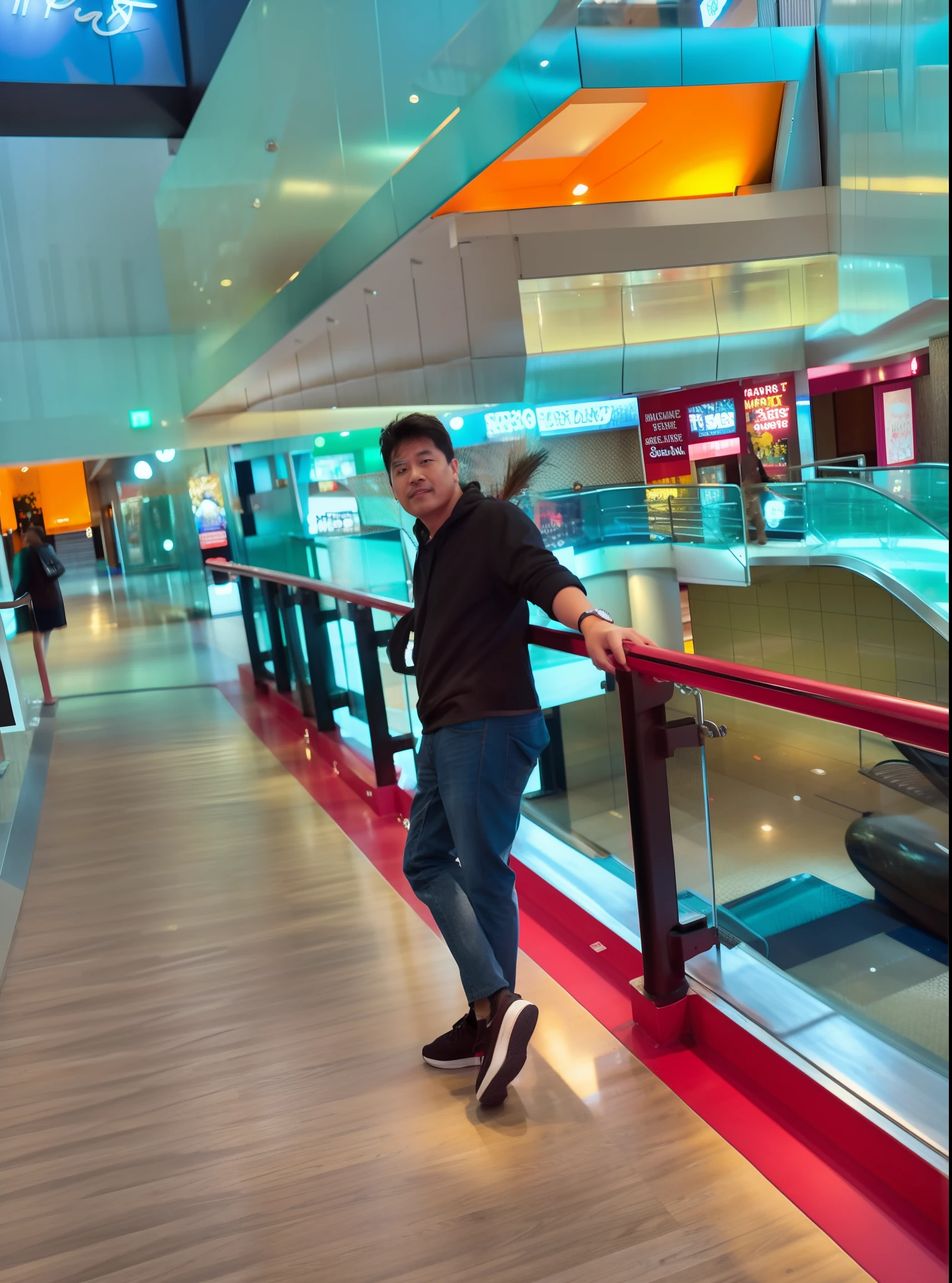 there is a man standing on a rail with a skateboard, in a mall, at a mall, in magnificent shopping mall, taken with sony a7r camera, taken with sony alpha 9, appearing in a shopping mall, taken with the best dlsr camera, captured with sony a3 camera, very very low quality picture, mall background, very artistic pose