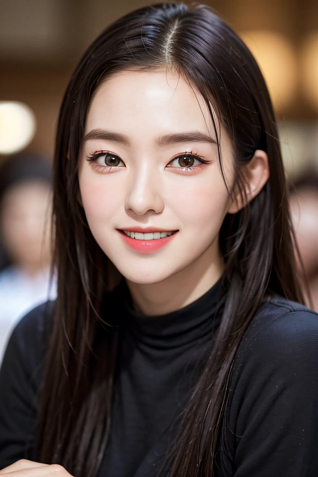 extremely detailed eye, extra detailed face, Best Quality ,masutepiece, Extremely detailed, Ultra-detailed, (Realistic, Photorealsitic:1.3), Smile, (facing front), Looking at Viewer, Black shirt, 1girl in , On the chair, in a cafe