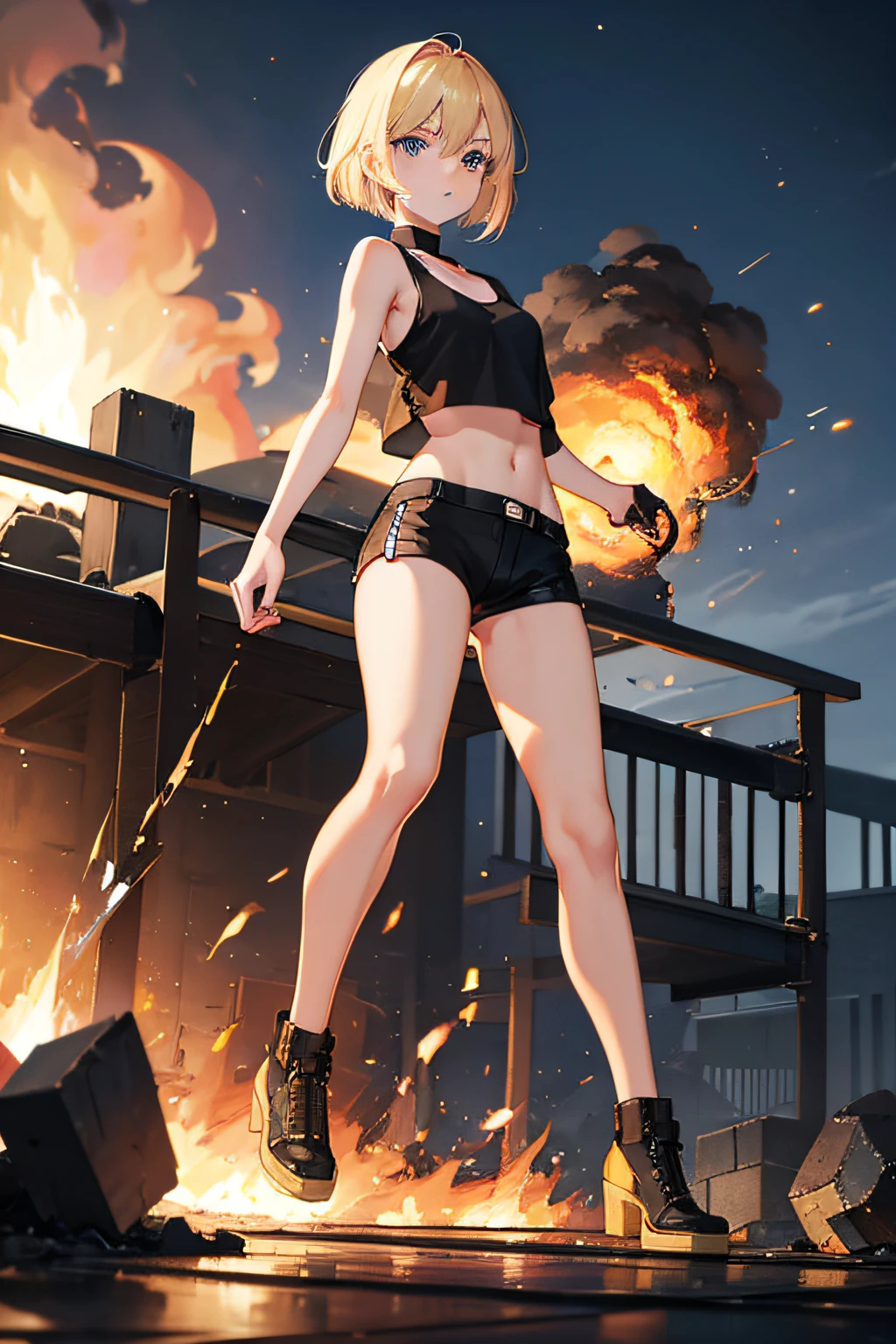 during night、Explosion and flames at the naval base、Exploding buildings、cute blonde girl、cute  face、elegant sleek smooth body、full body Esbian、Short bob hair、a blond、blue eyes、Black tank top、sexy black shorts、Wearing black shorts