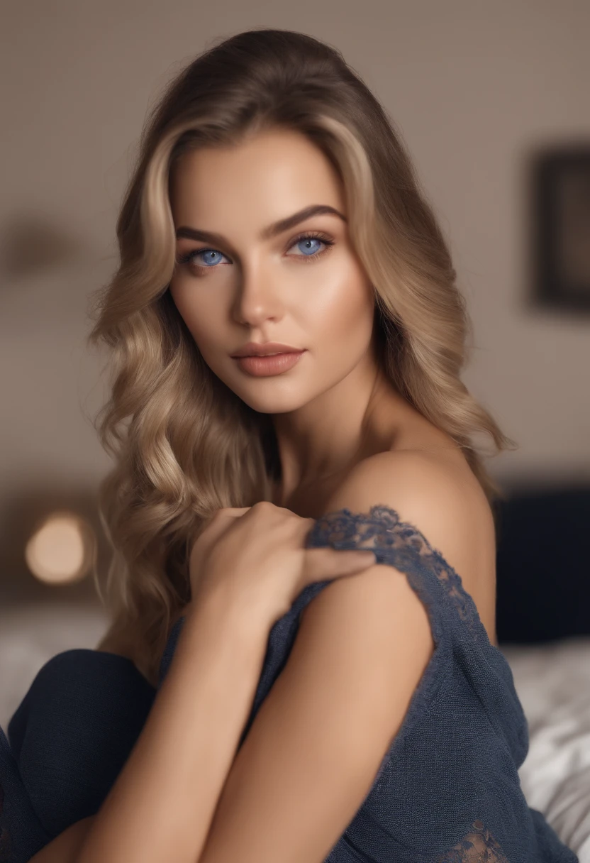 arafed woman fully , sexy girl with blue eyes, ultra realistic, meticulously detailed, portrait sophie mudd, blonde hair and large eyes, selfie of a young woman, bedroom eyes, violet myers, without makeup, natural makeup, looking directly at the camera, face with artgram, subtle makeup, stunning full body shot kneeling on bed, in bedroom, medium to large size bust; ; ;naked