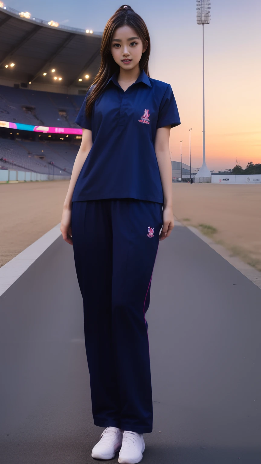 (bestquality,10,10,highres,masterpiece:1.2),ultra-detail,(Realistic,photorealistic portrait,photo-realistic:1.37),1 Cute girl in the football field,oily shiny skin,bara,light smile,BDclothes,((blue shirt:1.3)),short sleeves,shirt, trousers.,(navy_long_Pants Track:1.1), ((Stadium Background:1.3)),dynamic angle,excited,face focus,Dynamic Poses,from behide,Ass Focus,masterpiece, bestquality, ultra realistic, hyper-detail, 8k resolution, RAW photo, crisp focus, ((Navy blue shirt:1.1)), short sleeves, Long Path, Perfect body, 2 mature women, 18yo, cinematic light,Blue sweatpants,Gymware,Correct anatomy,Complete body, Correct body, sharp face, Anatomically correct body, full entire body, Realistic gestures, long-haired, Realistic poses,Wear long shorts...,Long leg span,Shapely,Sculpting Girl