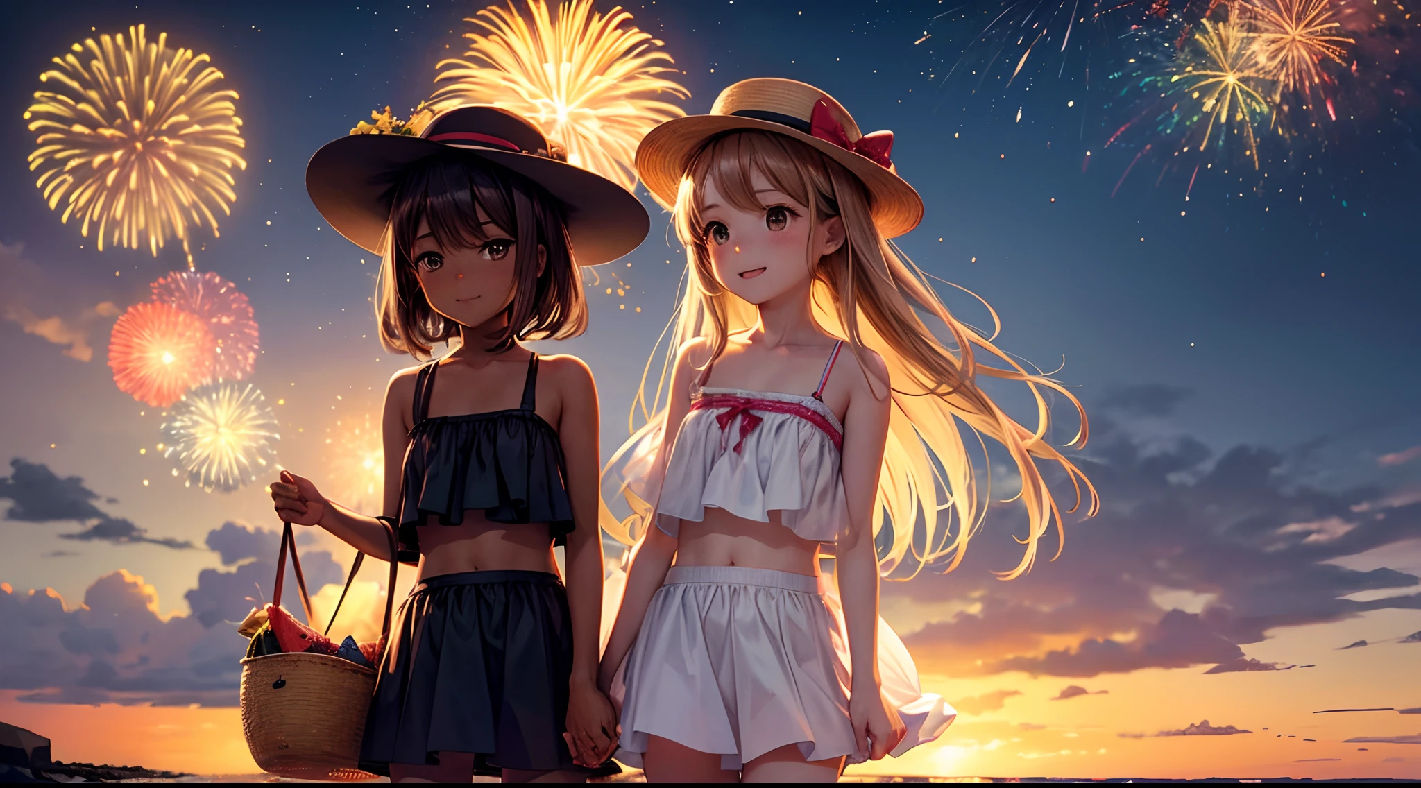 Best quality、Burnt brown skin、camisole、Summer clothing、Pull to the knee、Hold watermelon in both hands and eat it、Two girls、Very cute、A smile、The clothes are thin、Long、、Brown hair、schools、I want to blush、staring at this、wink、twinkling、Black hat、Kamimei、Navel is visible. Beach by the sea, the night, There is a fireworks celebration, The faces of the two girls are different, A dark skin, Up to 4K quality,