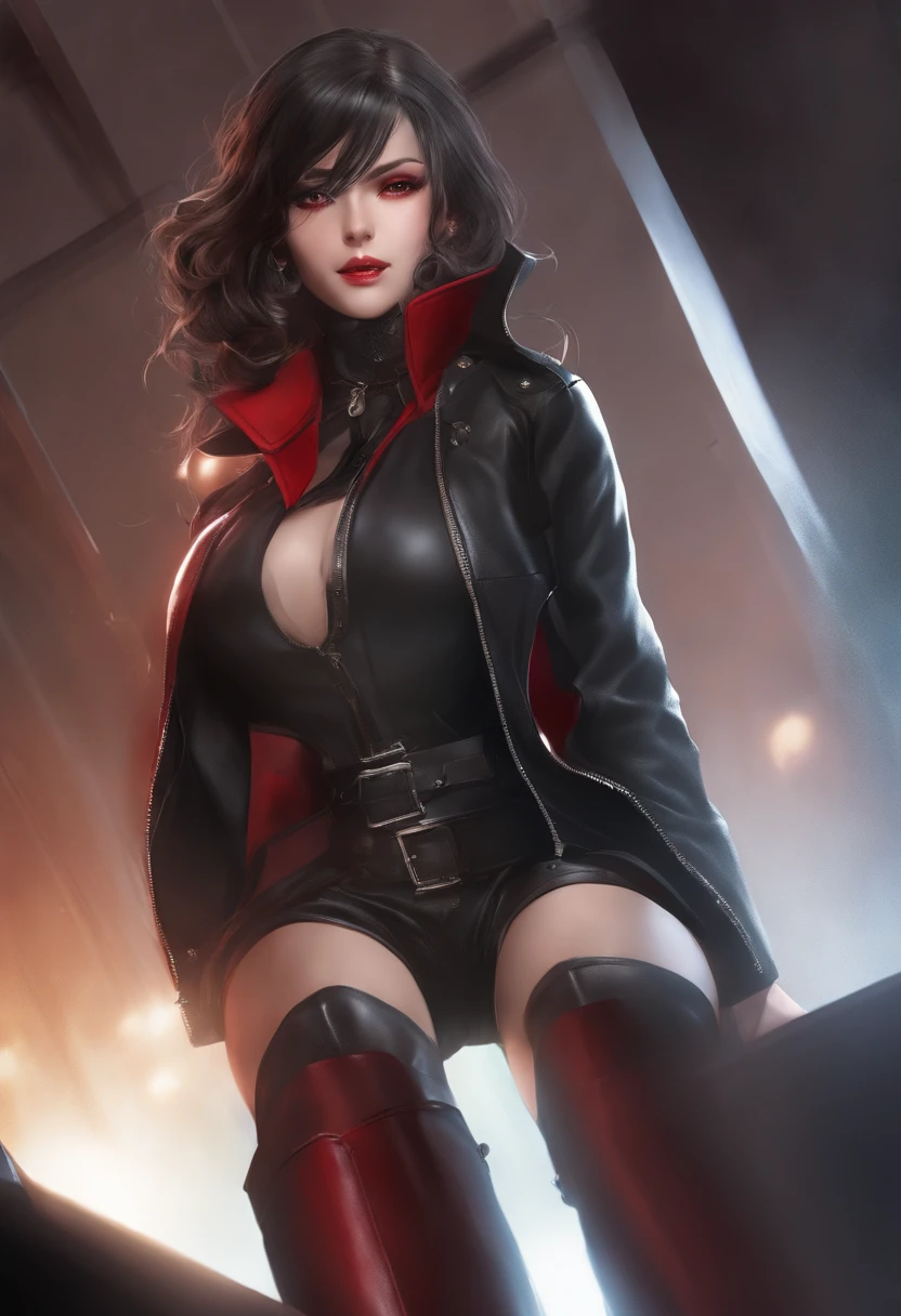 (masutepiece, of the highest quality, super definition, Ultra Definition),Solo, Black leather gloves,(Red leather jacket),long boots, Looking at the camera, , Female body, Red Eyes, front zoom, horizontal seat, yandere, strong make up, Constricted pupils, Deep Shadows, SFW, Dark, Detailed hand, Tall Woman,(sadistic smile), Eyes from below,inside in room