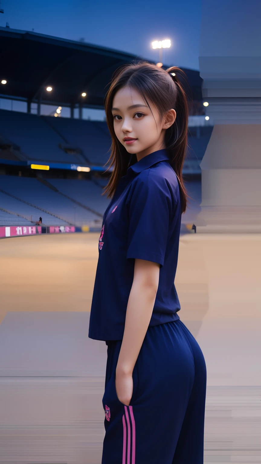 (bestquality,10,10,highres,masterpiece:1.2),ultra-detail,(Realistic,photorealistic portrait,photo-realistic:1.37),1 Cute girl in the football field,oily shiny skin,bara,light smile,BDclothes,((blue shirt:1.3)),short sleeves,shirt, trousers.,(navy_long_Pants Track:1.1), ((Stadium Background:1.3)),dynamic angle,excited,face focus,Dynamic Poses,from behide,Ass Focus,masterpiece, bestquality, ultra realistic, hyper-detail, 8k resolution, RAW photo, crisp focus, ((Navy blue shirt:1.1)), short sleeves, Long Path, Perfect body, 2 mature women, 18yo, cinematic light,Blue sweatpants,Gymware,Correct anatomy,Complete body, Correct body, sharp face, Anatomically correct body, full entire body, Realistic gestures, long-haired, Realistic poses,Wear long shorts...,Long leg span,Shapely,Sculpting Girl