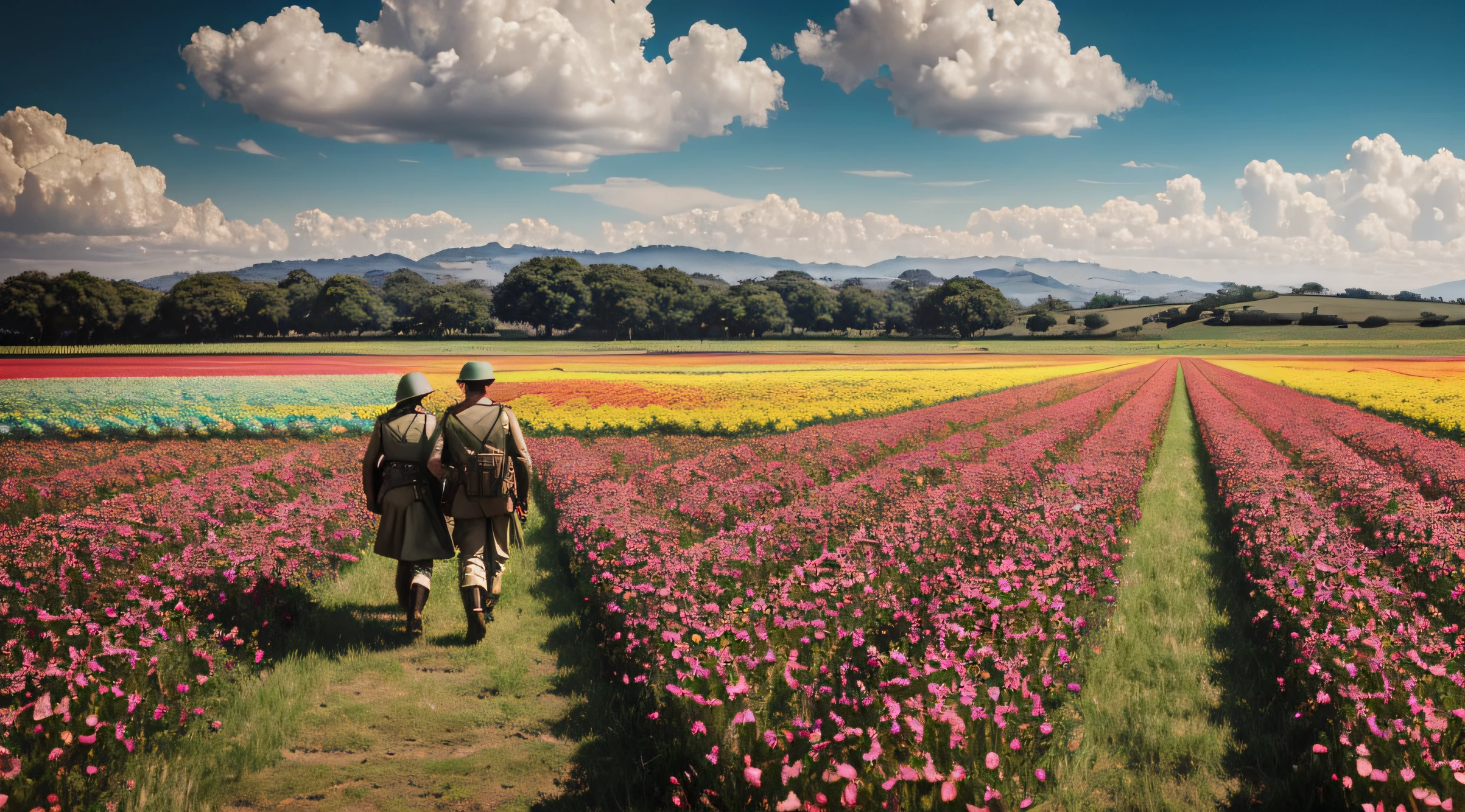 zona de guerra chuvosa; clouds of smoke, WW2 battle. There's a man and a girl walking through a field of flowers, filme ainda 8K, A Grande Guerra, 4k ainda, Mario como um soldado da Primeira Guerra Mundial, ww1 foto do filme, primeira guerra mundial, standing on the field of battle, standing in a flower field, fundo do campo de batalha, standing in flower field, in high resolution of field, 8 k filme ainda