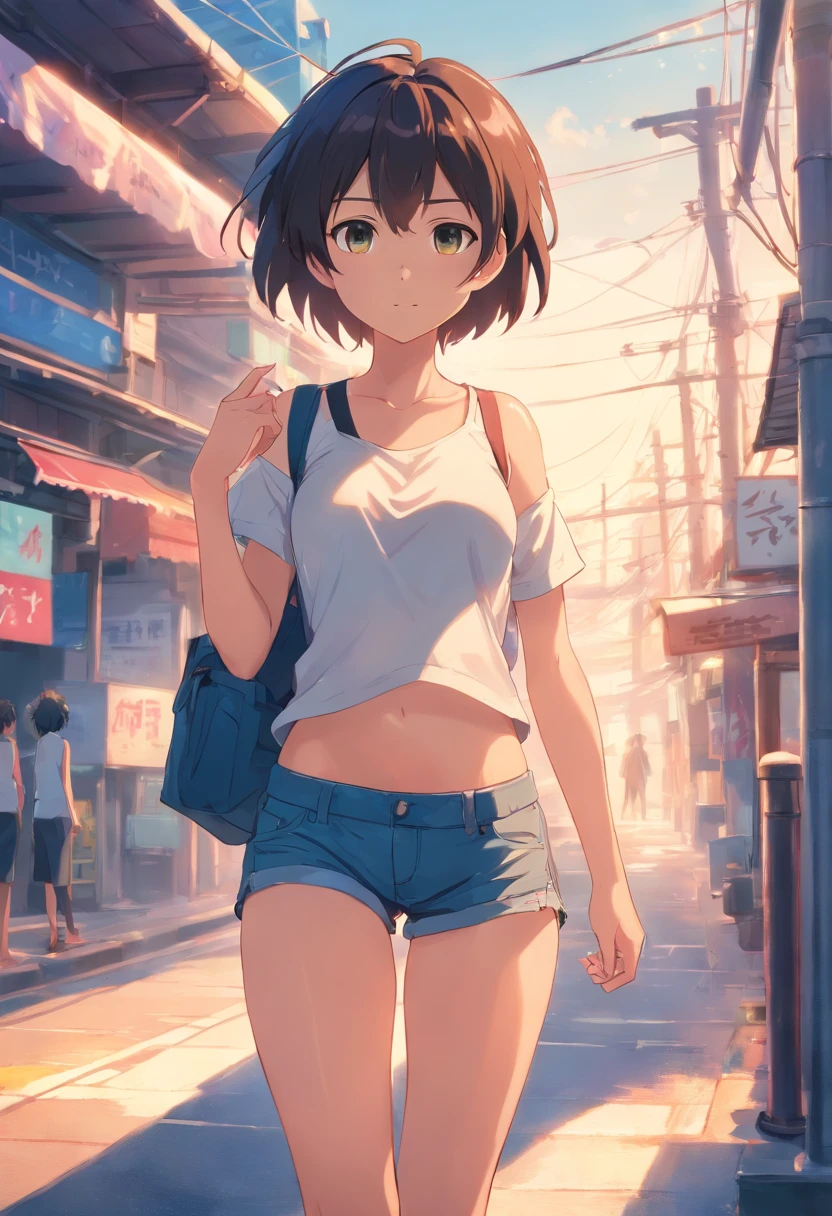 Menina, barnet, pele branca, olhos castanhos, cabelo castanho claro, cabelo liso, cabelo longo, short jeans, blusa branca, sorrindo, sentada no muro, anime.