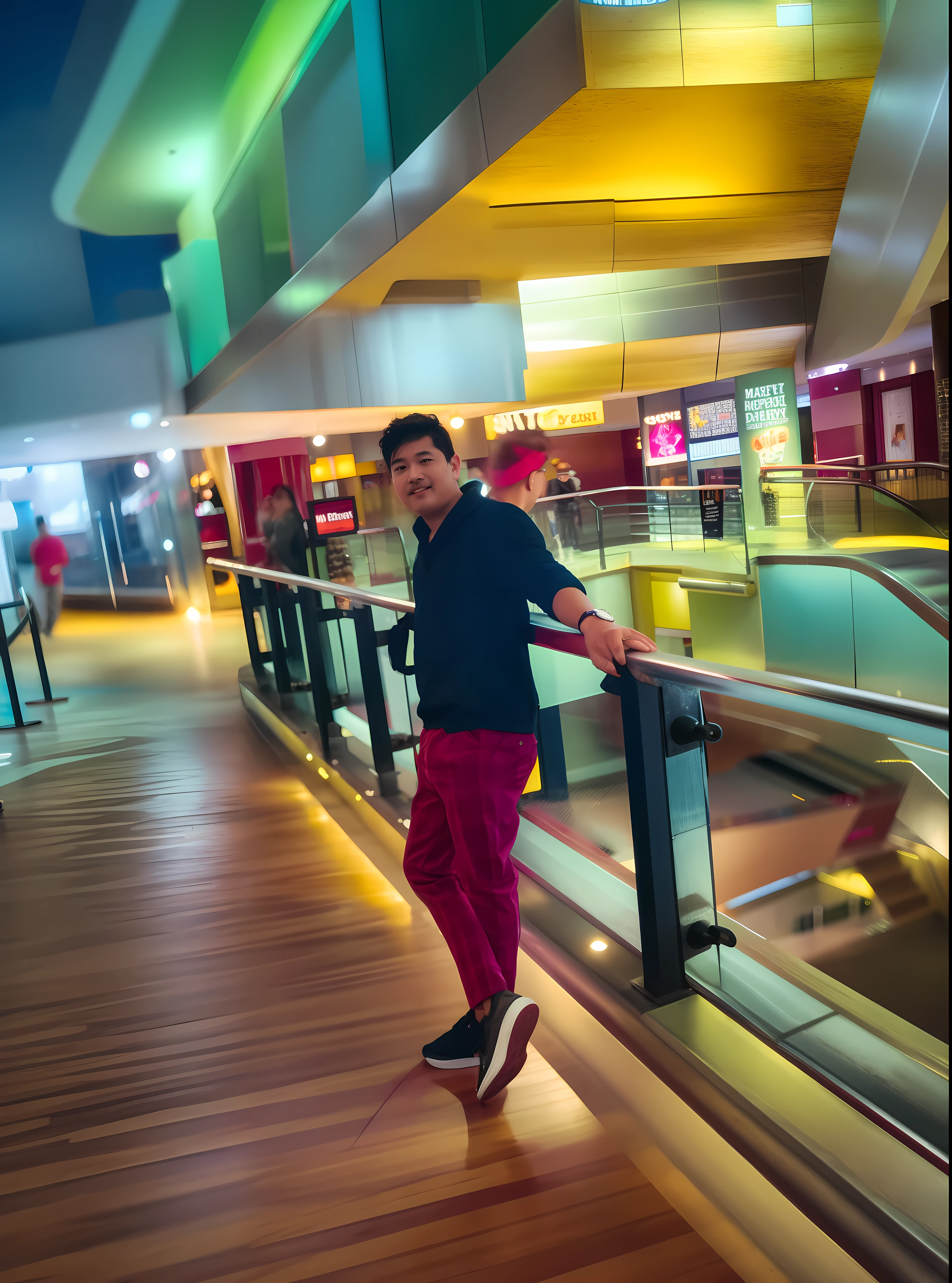 there is a man standing on a rail with a skateboard, in a mall, at a mall, in magnificent shopping mall, taken with sony a7r camera, taken with sony alpha 9, appearing in a shopping mall, taken with the best dlsr camera, captured with sony a3 camera, very very low quality picture, mall background, very artistic pose