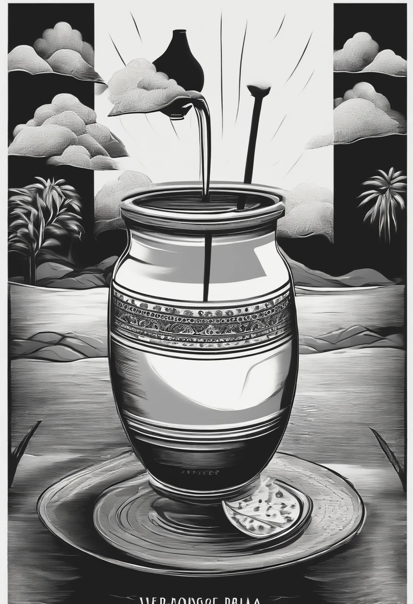 porongo de yerba mate tradicional argentino. Estilo minimalista. En blanco y negro. Estilo dibujo para remera.