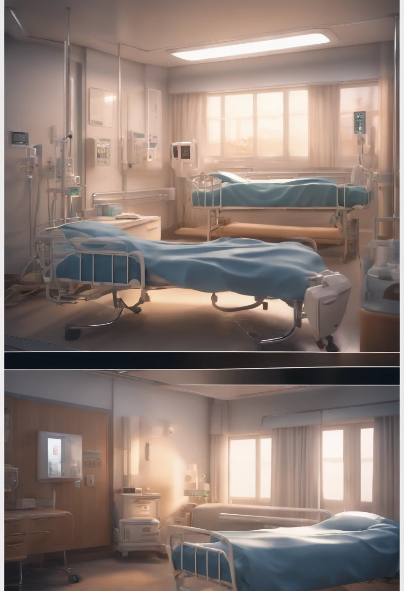 Background, (Scenes of the Intensive Care Unit), (a patient's family around the bed), (nowadays), (real and anime style), cinematic lighting, ray tracing, reflection light, depth of field, ((wide shot)), masterpiece, best quality, high quality, high details, highres, 4K, HD, 1080P