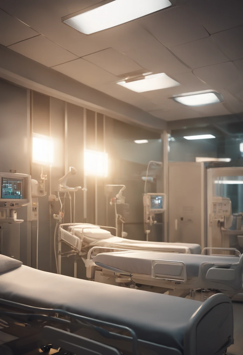 Background, (Scenes of the Intensive Care Unit), (a patient's family around the bed), (nowadays), (real and anime style), cinematic lighting, ray tracing, reflection light, depth of field, ((wide shot)), masterpiece, best quality, high quality, high details, highres, 4K, HD, 1080P