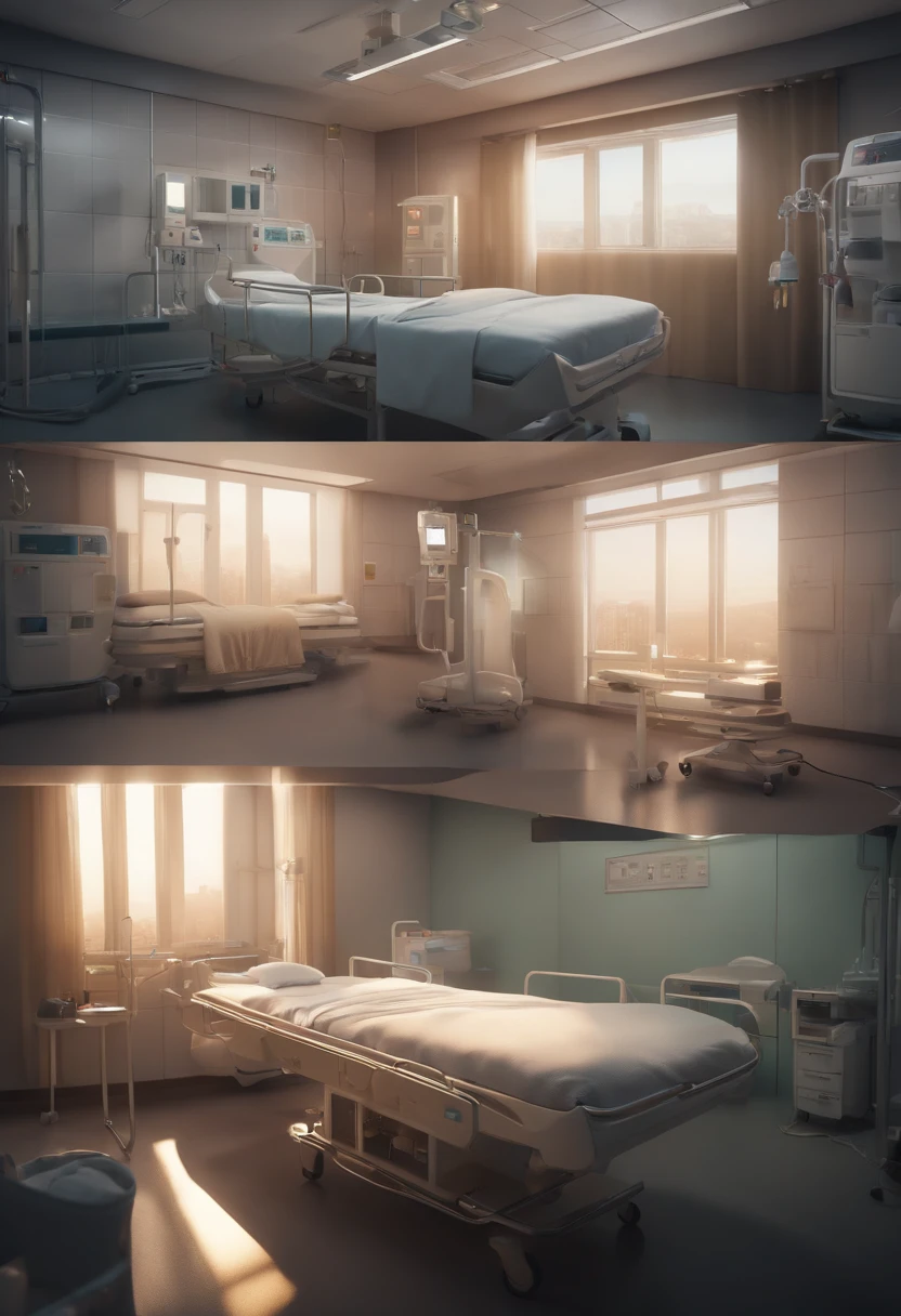 Background, (Scenes of the Intensive Care Unit), (a patient's family around the bed), (nowadays), (real and anime style), cinematic lighting, ray tracing, reflection light, depth of field, ((wide shot)), masterpiece, best quality, high quality, high details, highres, 4K, HD, 1080P