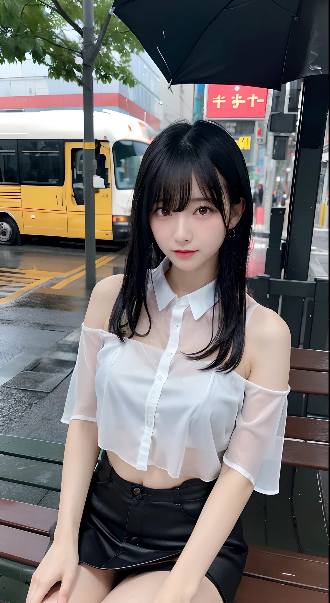 (top-quality,in 8K,​masterpiece:1.3,),(超A high resolution,Photorealsitic:1.4,Raw photography),(ultra-detailliert,shinny skin,Delicate skin),(Detailed face,Perfect Anatomy,Caustics),Bus stop,sit on a bench,One girl wetting her whole body,24 year old,kawaii,Japanese ido,Wet black hair,Water dripping from hair,a short bob,Embarrassed look,large boob,(Wet and sheer white shirt),Red bra showing through clothes,Black miniskirt,rain is falling,Rain sky,Dynamic lighting,composition from the waist up