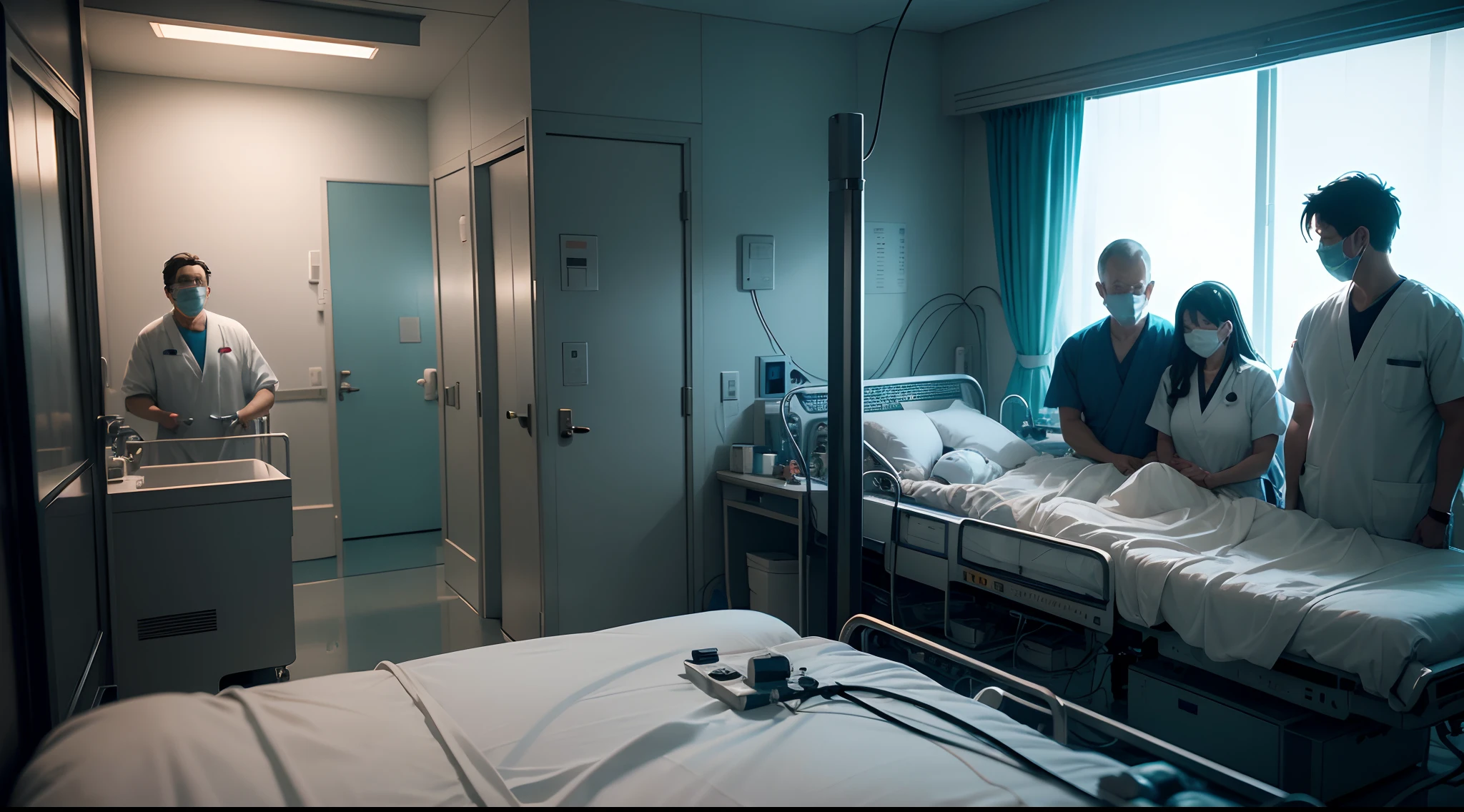 Background, (Scenes of the Intensive Care Unit), (the patient's family around him), (nowadays), (real and anime style), cinematic lighting, ray tracing, reflection light, depth of field, ((wide shot)), masterpiece, best quality, high quality, high details, highres, 4K, HD, 1080P