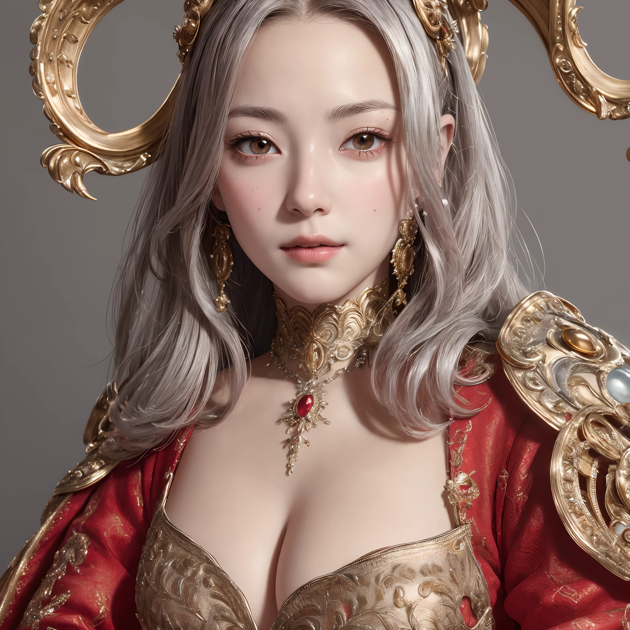 masterpiece, ultra HD quality, 16k, detailed skin texture, detailed cloth texture, beautiful detailed face, intricate details, ultra detailed, italian renaissance era red silver and gold dress long hair close ups