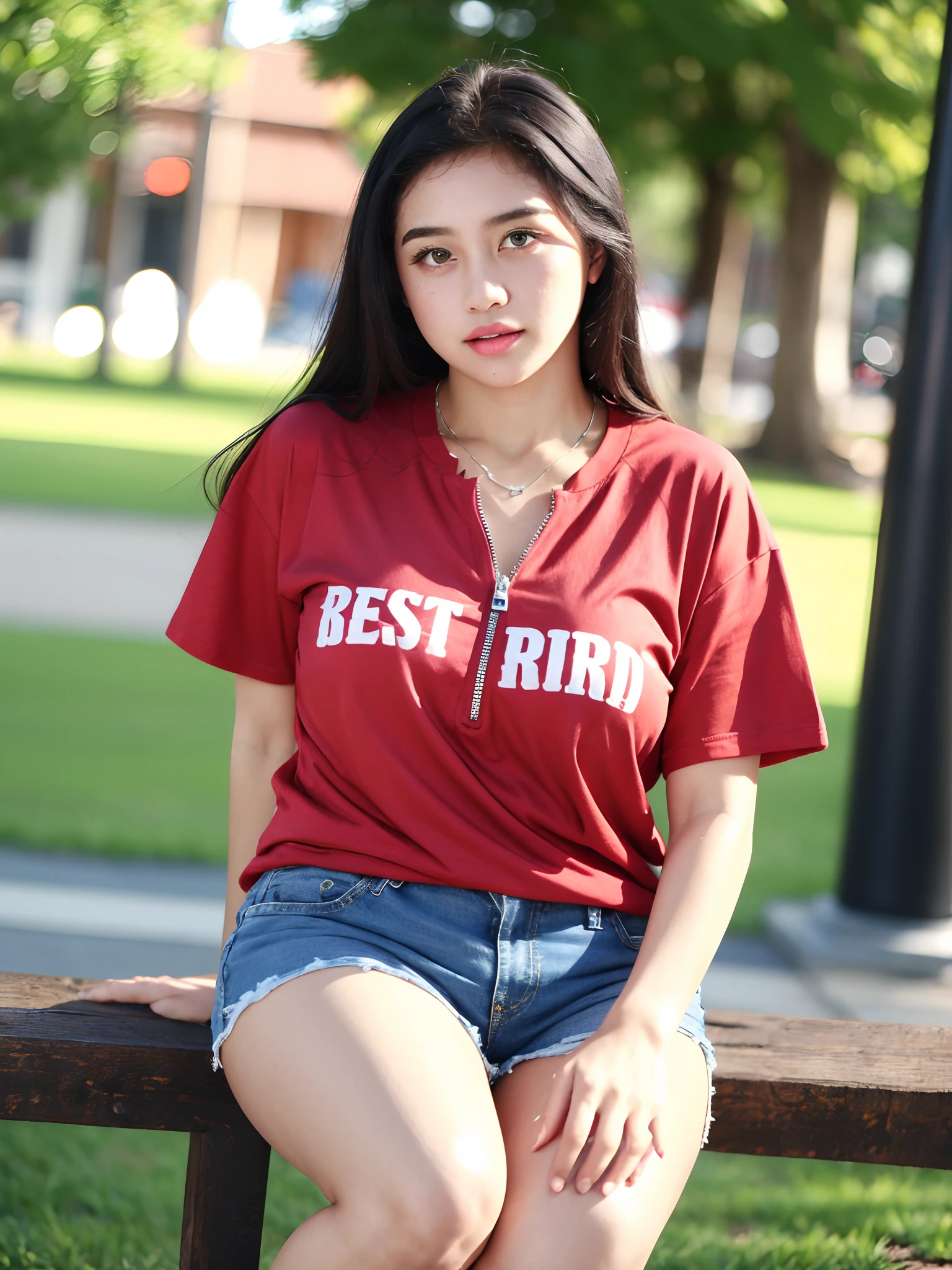 Masterpiece, best quality, high quality, 8k, UHD, Arafed a beautiful women wearing red sport t-shirt, shiny t-shirt, stand up, in outdoor, sunlight, (fat:0.5), white skin, black hair, open thigh, thigt very shorts, dark blue jeans, open the zipper