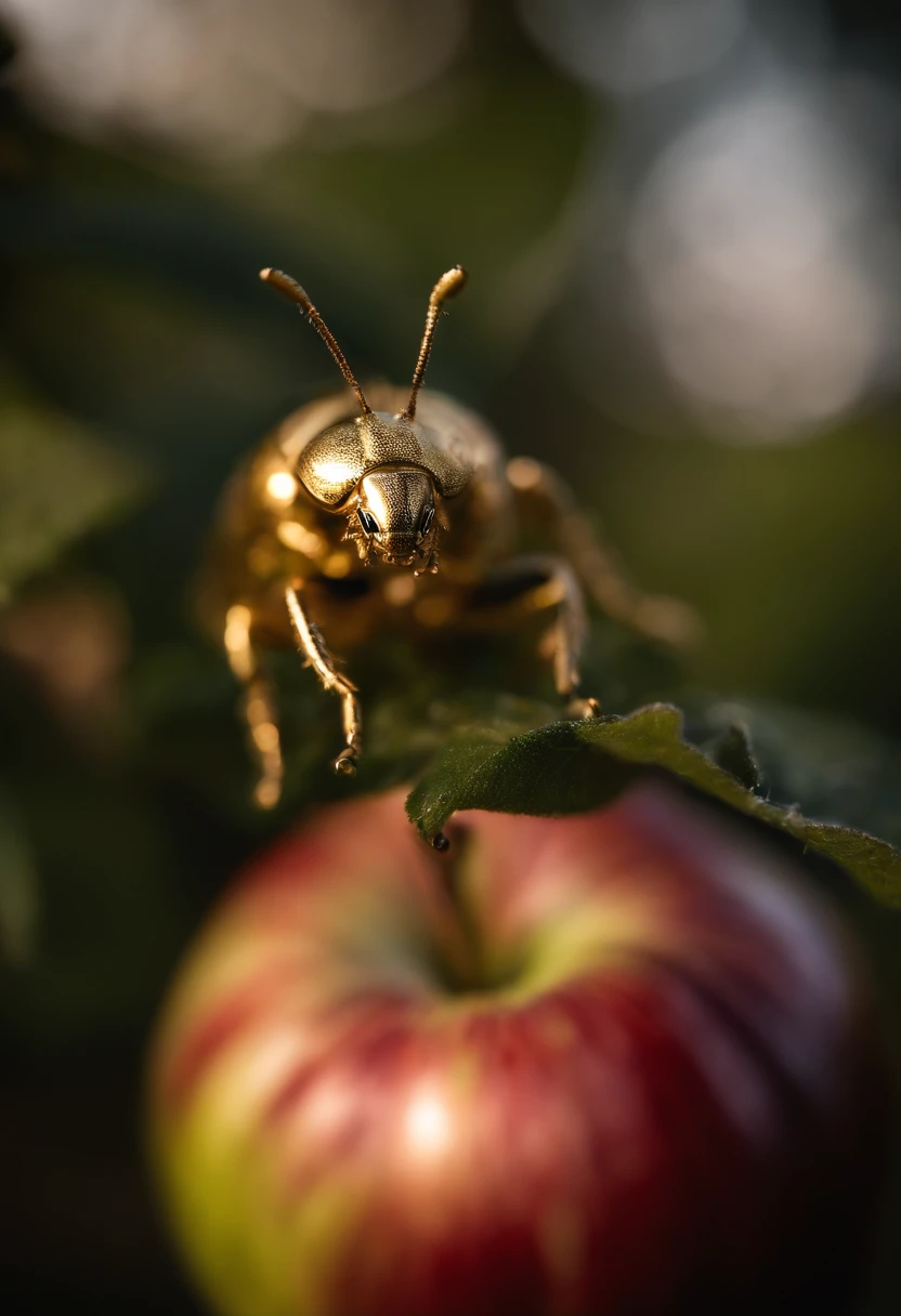 an apple,It's all golden bugs, golden bugs,There is a miniature man standing on an apple,Macro,Masterpieces,hyper qualit,Soft lighting,Sony SLR lens,Ultra HD details