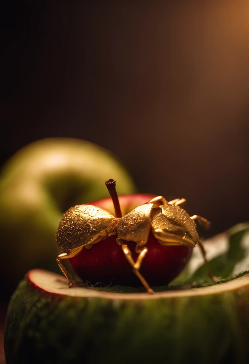 an apple，It's all golden bugs, golden bugs，There is a miniature man standing on an apple，Macro，Masterpieces，hyper qualit，Soft lighting，Sony SLR lens，Ultra HD details