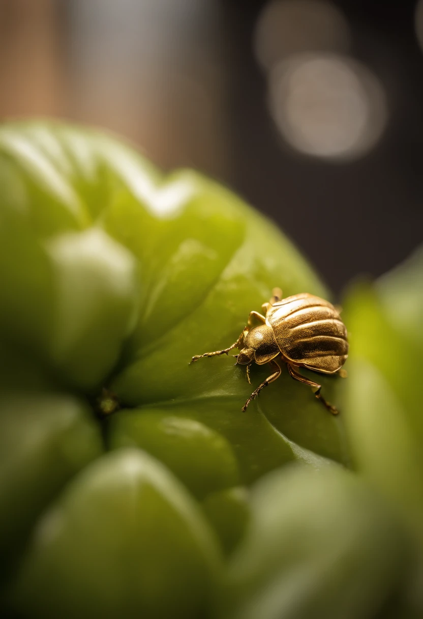 an apple,It's all golden bugs, golden bugs,There is a miniature man standing on an apple,Macro,Masterpieces,hyper qualit,Soft lighting,Sony SLR lens,Ultra HD details
