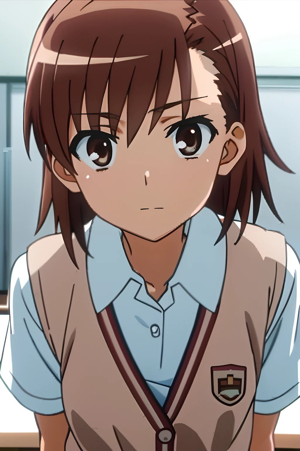 masterpiece, best quality, misaka_mikoto, brown eyes, short_hair, small_breast, looking at viewer, solo, closed_mouth, collared_shirt, school_uniform, shirt, white_shirt, classroom