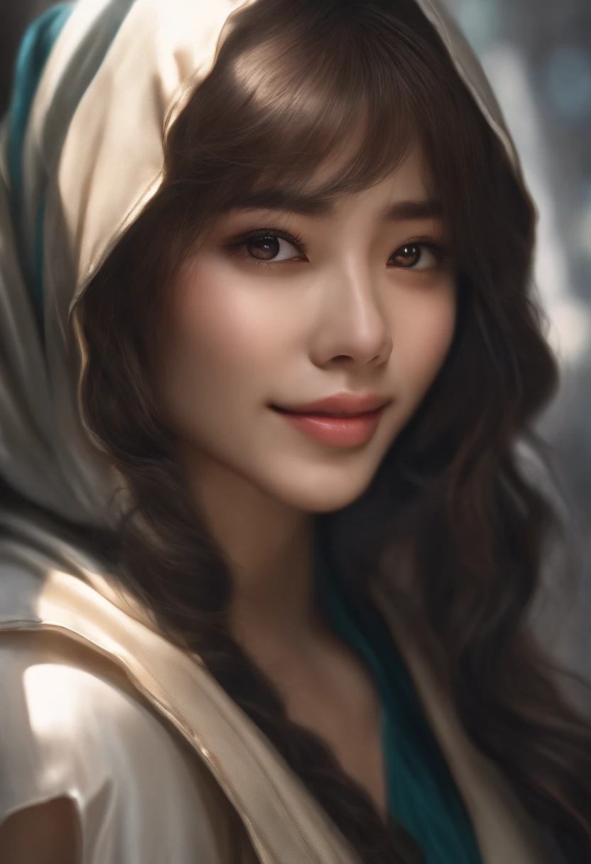 Obra maestra, 1 Hermosa Chica, Detallado, Ojos hinchados, La mejor calidad, ultrahigh resolution, (Realidad: 1.4), Foto original, 1girl, cinematic lighting, sonriente, Japanese, Asian Beauty, Coreano, pulcro, Muy hermoso, Cara ligeramente joven, Piel hermosa, Esbelto, Antecedentes cyberpunk, (ultra realista), (插圖), (High resolution), (8k), (muy detallado), (best  illustration), (Ojos bellamente detallados), (Super detailed), (papel tapiz), (Cara detallada), Visor mirando, Detalles finos, Cara detallada, Sombra profunda, discreto, pureerosfaceace_v1, They are smiling, Flequillo inclinado de 46 puntos, Mirando hacia adelante, Ropa limpia, ojos negros,